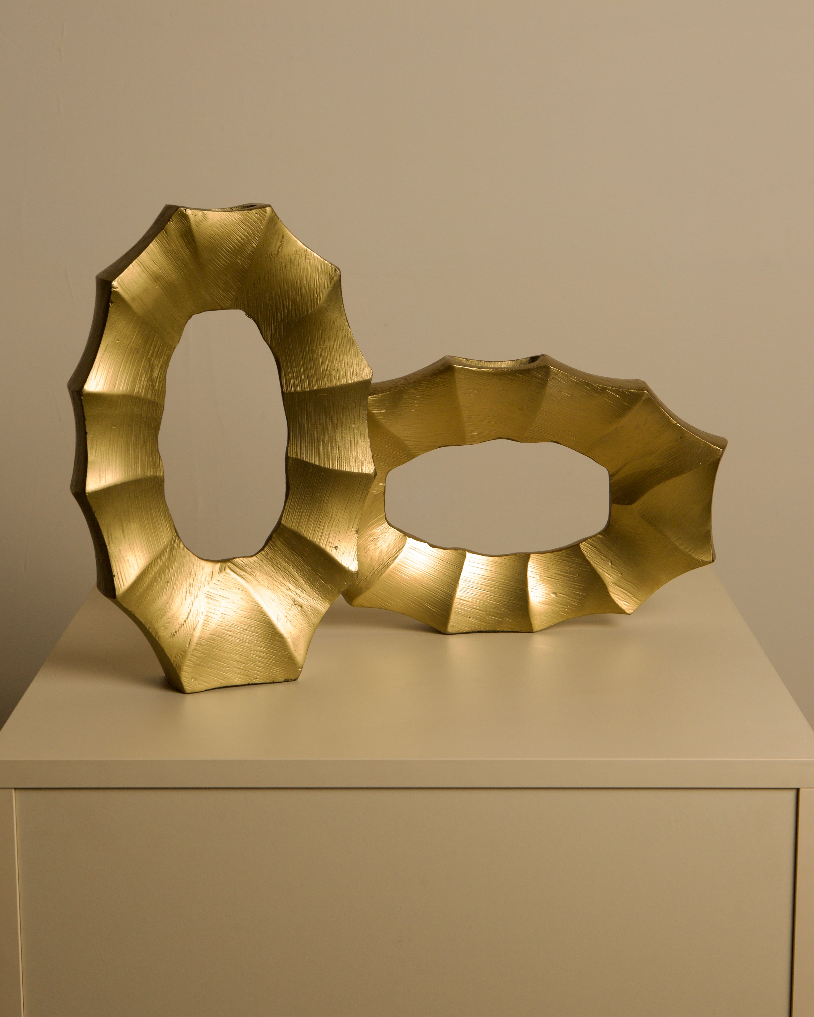 Pair of Italian 80s Gilt Aluminum Vases by Treaptyque | The Oblist — gold finish, vintage design