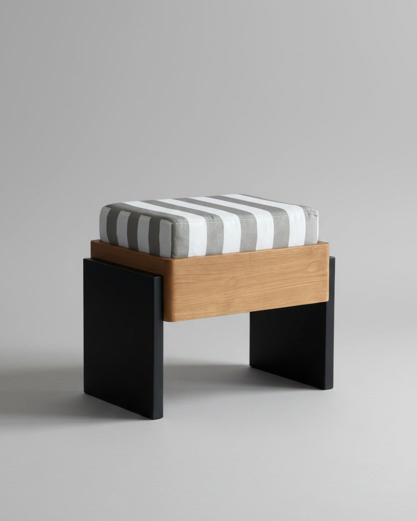 Striped Ottoman by Studio Kallang | The Oblist — wood base, gray and white fabric