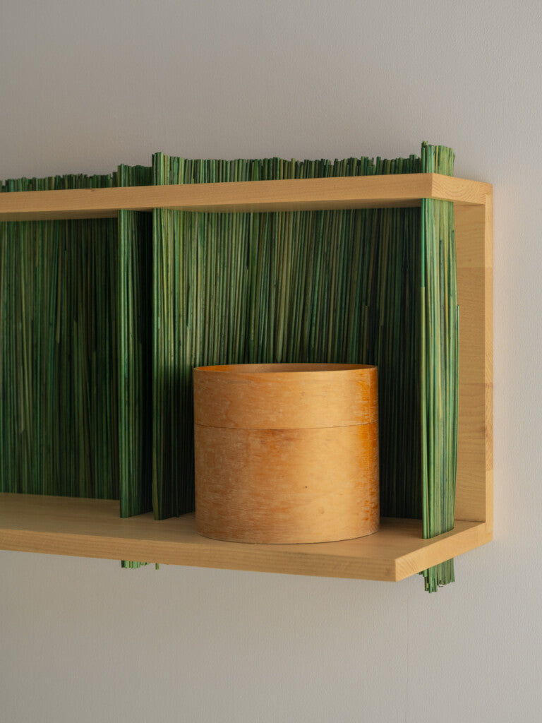 Alcove Wall Shelf – Module 2 — top view with wooden shelf and orange container