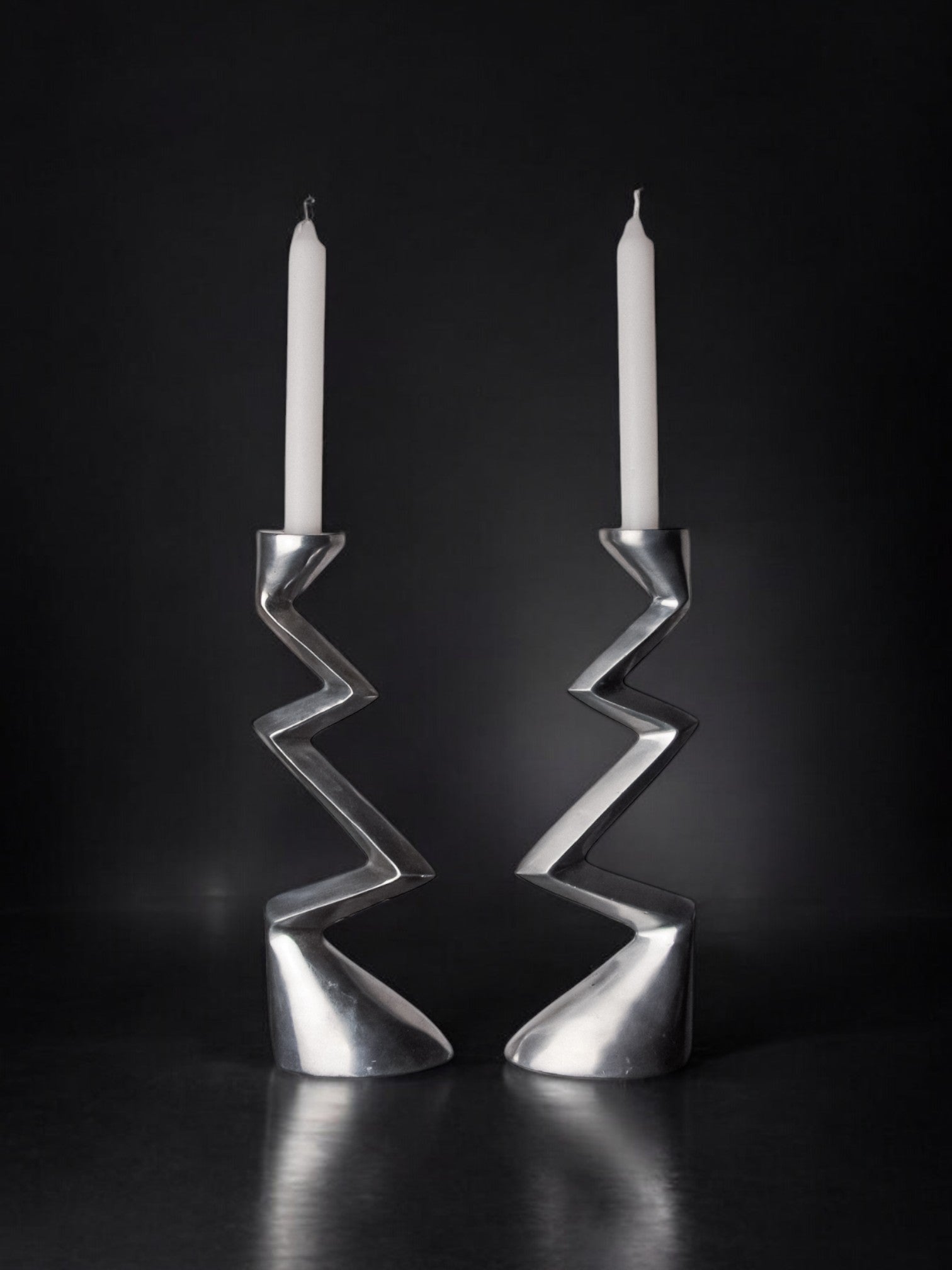 Pair of Zigzag Candleholders, 1980s by Malamar Studio | The Oblist — polished metal finish, vintage design