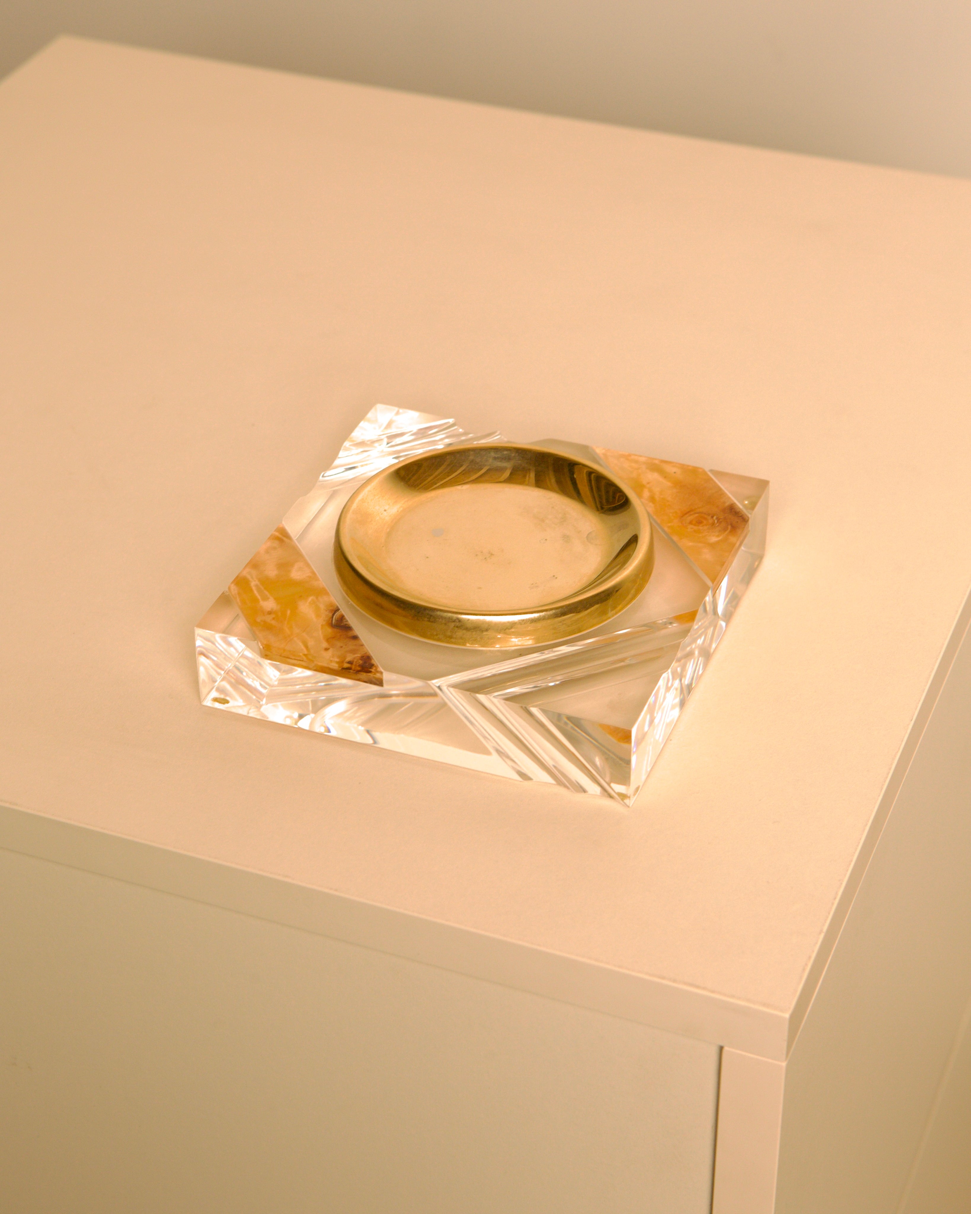 Italian Square Lucite and Brass Vide-Poche / Ashtray, 1970s by Treaptyque | The Oblist