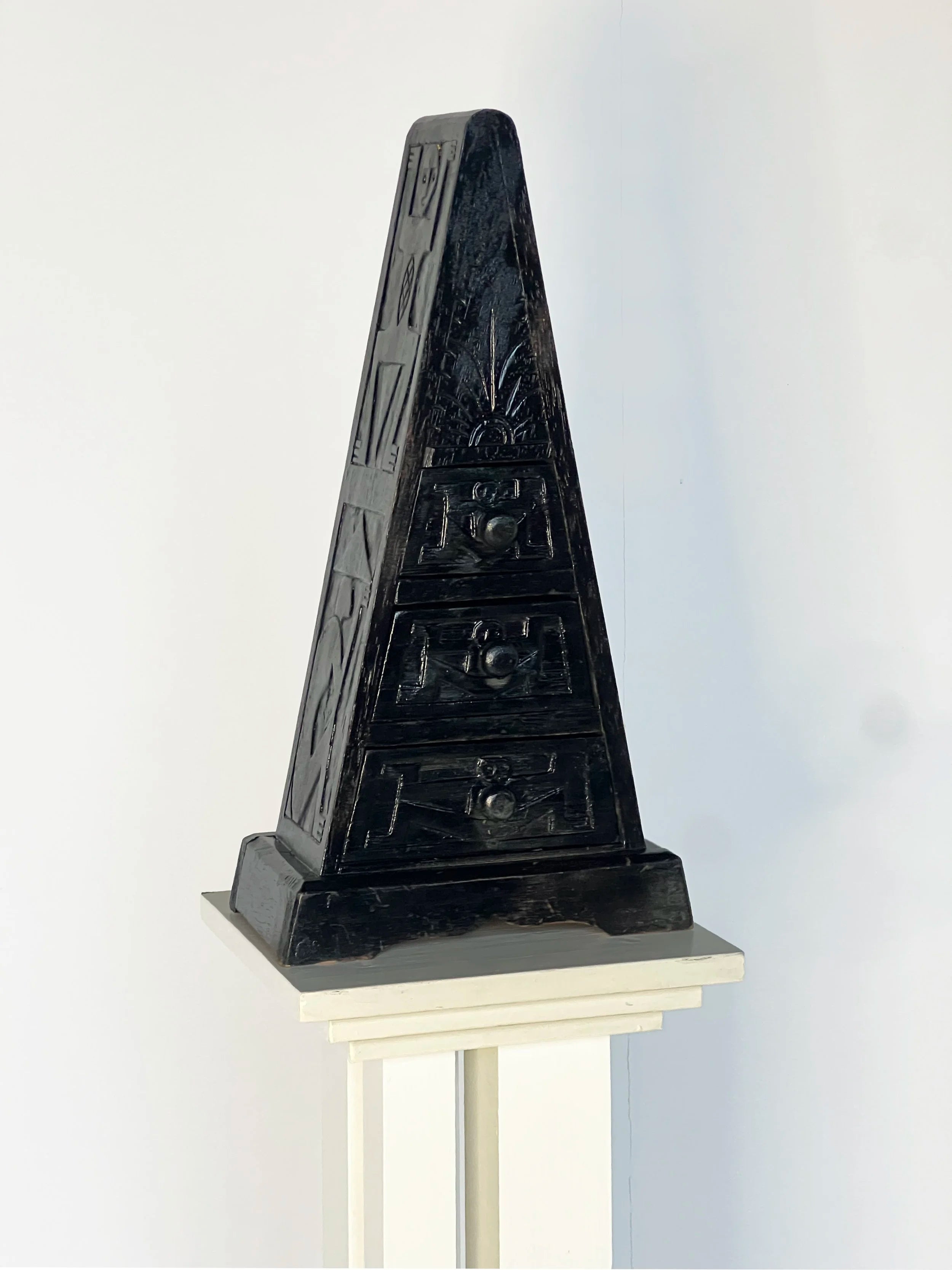 Triangle Small Chest of Carved Drawers by Porter Studio | The Oblist — black carved wood design