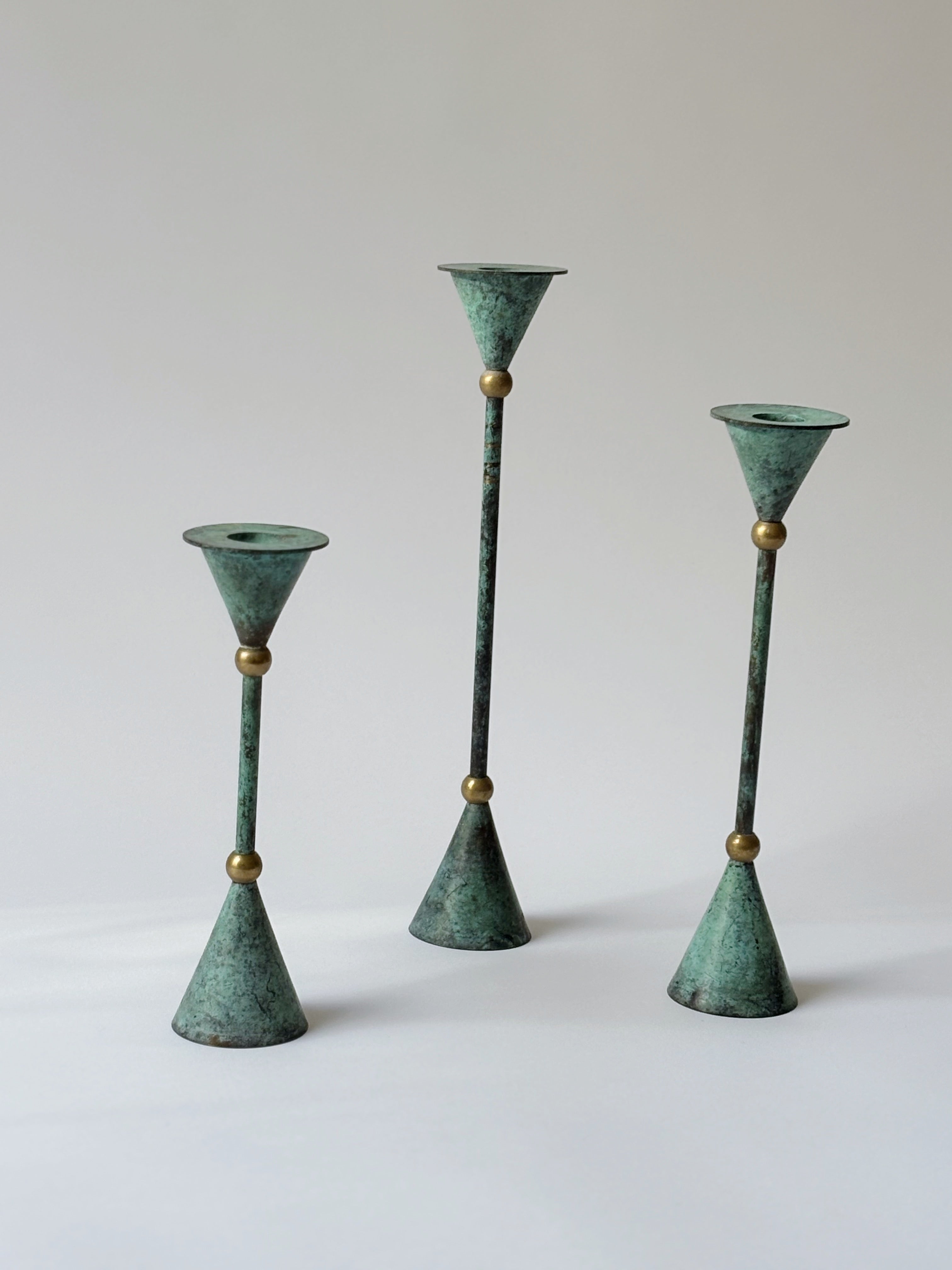 Set of 3 Postmodern Candleholders by Huerto | The Oblist — green patina finish, modern design