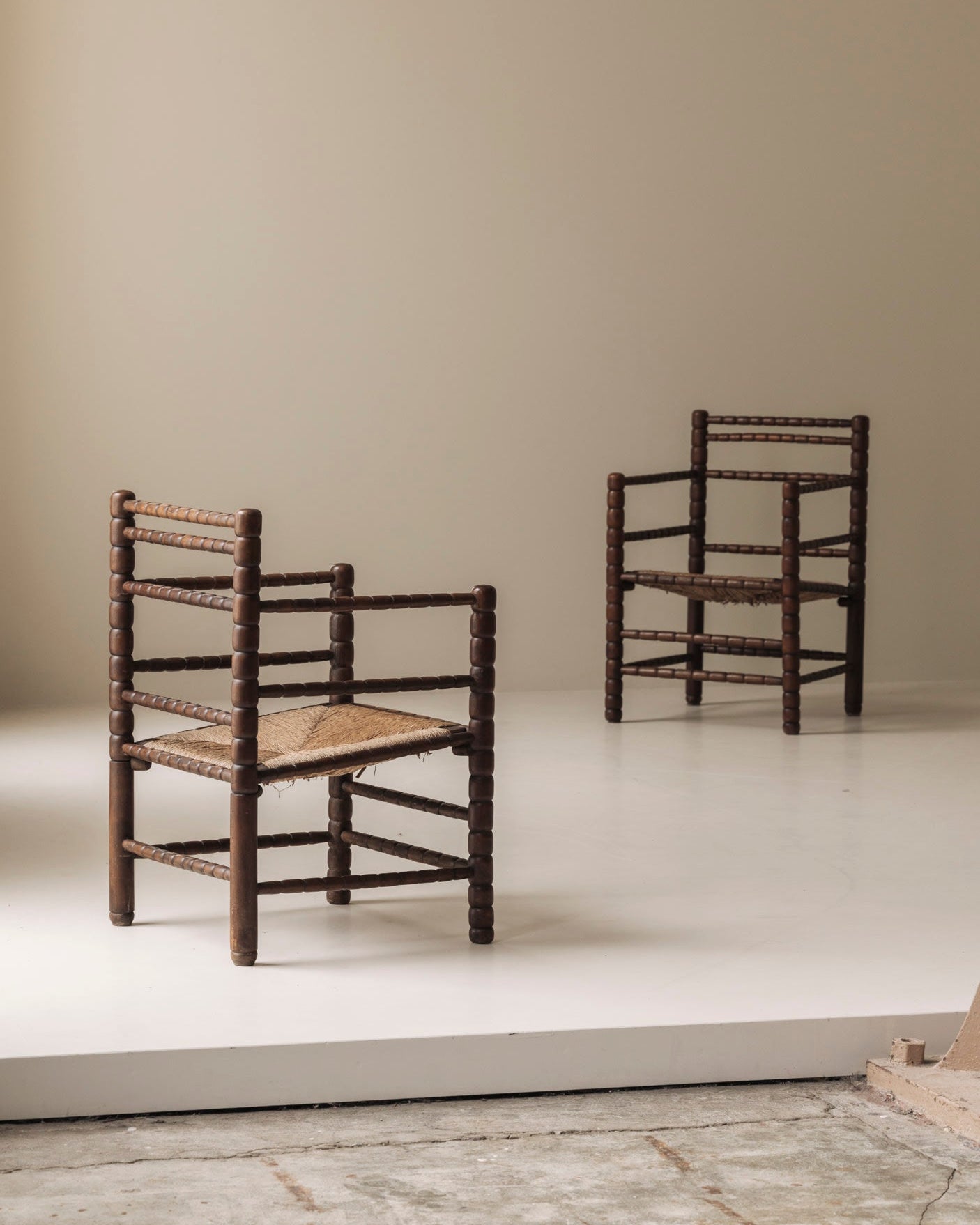 Sculptural French 'Bobbin' armchairs, 1950s — detail view