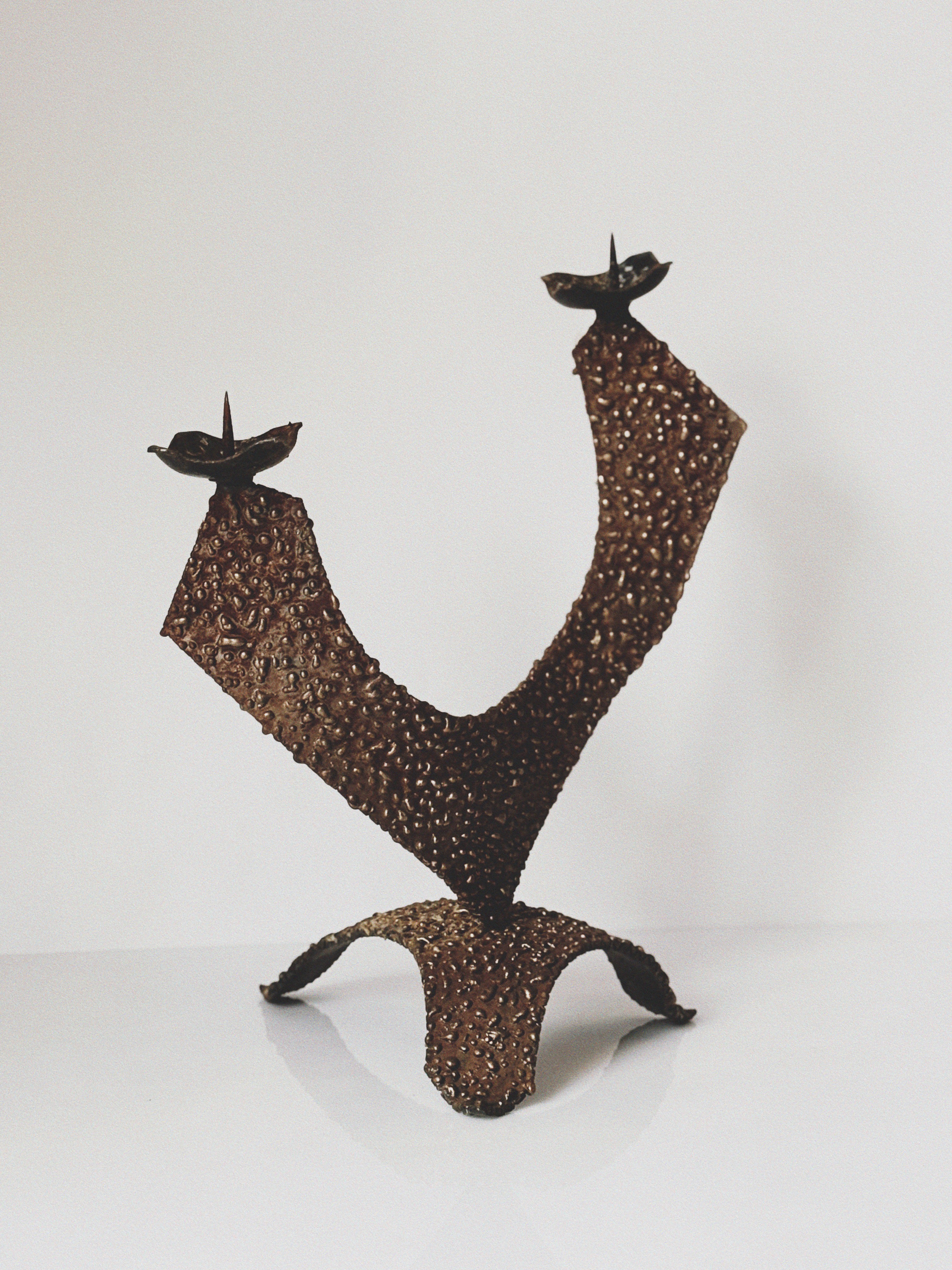 Brutalist 2 Arm Sculptural Metal Candlestick, Poland Mid Century by Huerto | The Oblist