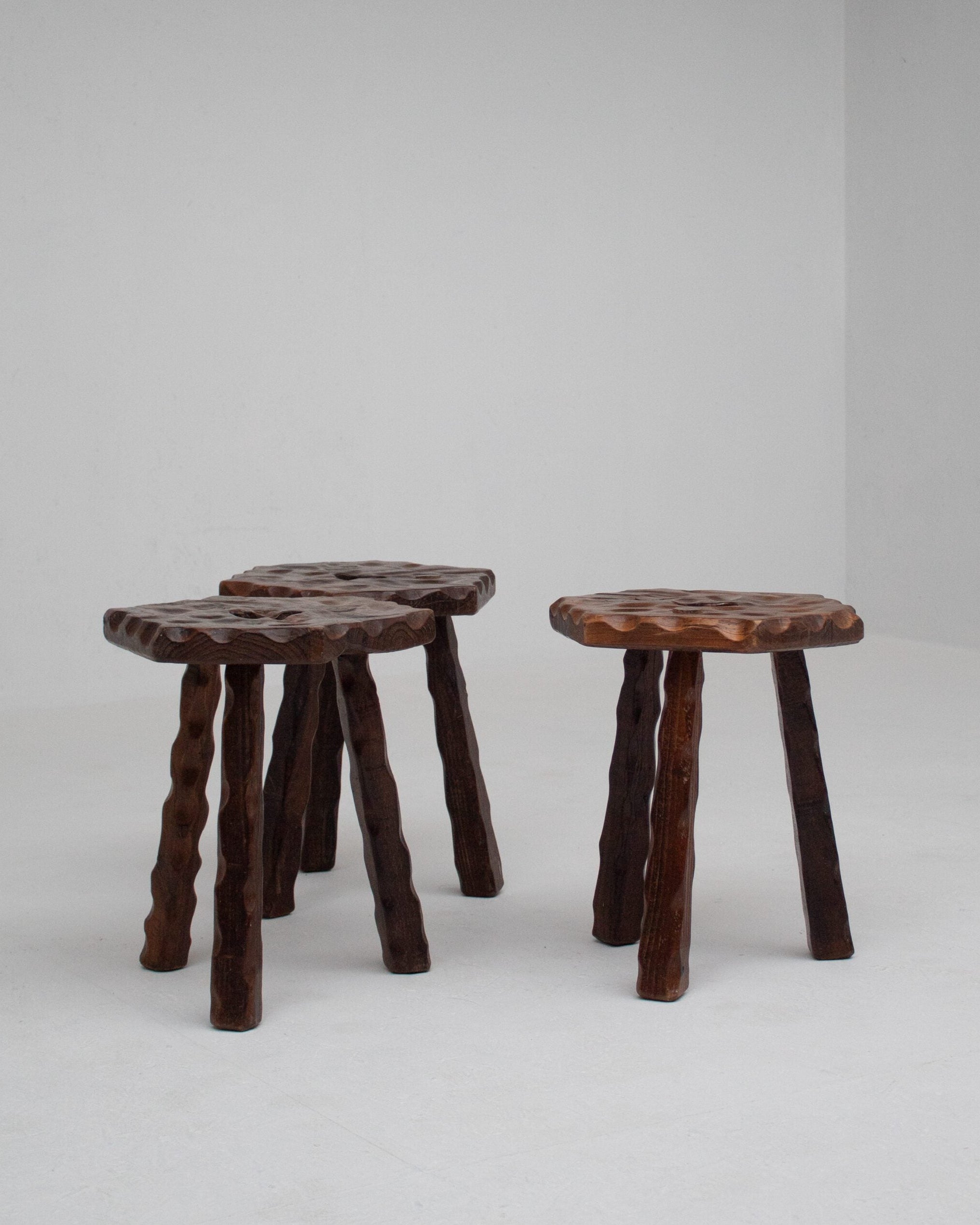 Set of 3 Brutalist Stools in Wood