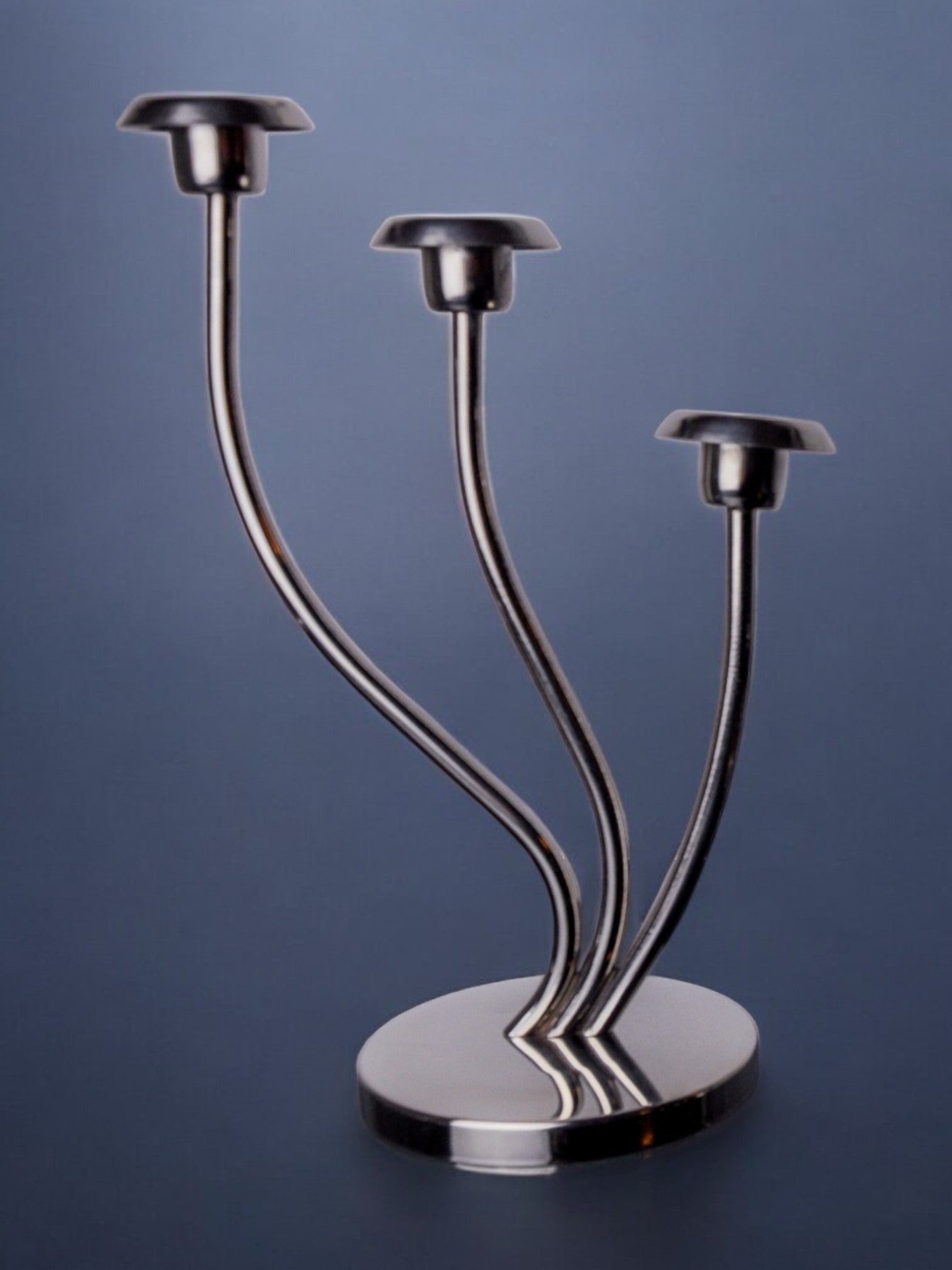Art deco candlestick in stainless steel 3 flames, Spain, 1970 by Malamar Studio | The Oblist