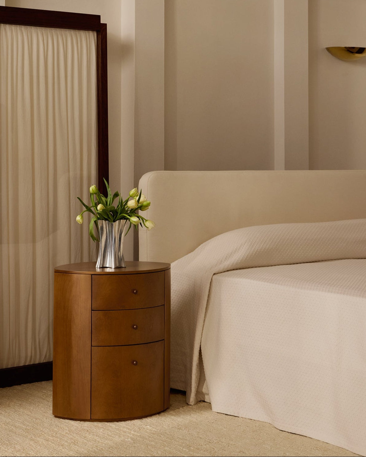 Observer warm brown birch nightstand in modern bedroom setting