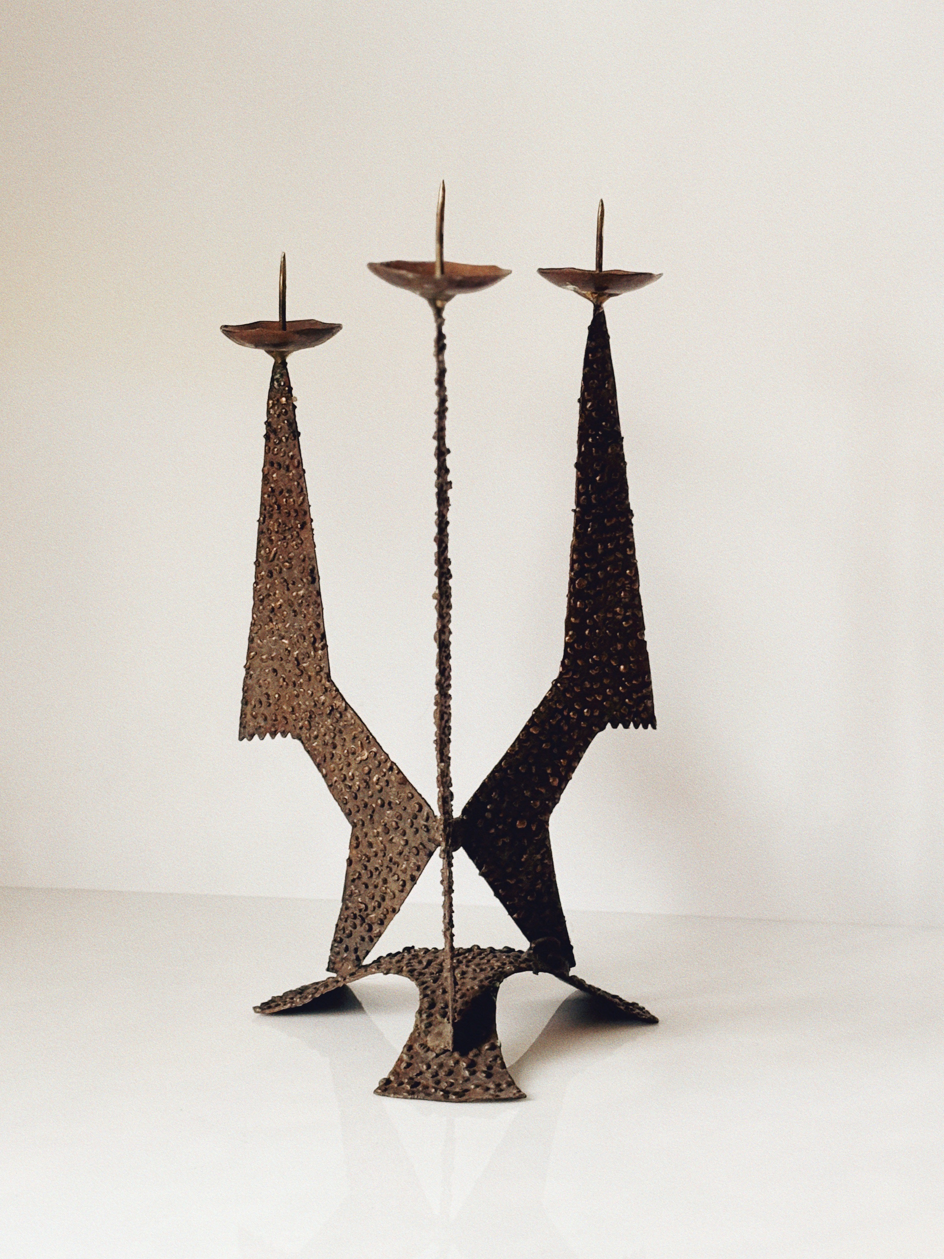 Large Brutalist Molten Metal Geometric Metal Candlestick, Poland Mid Century by Huerto | The Oblist