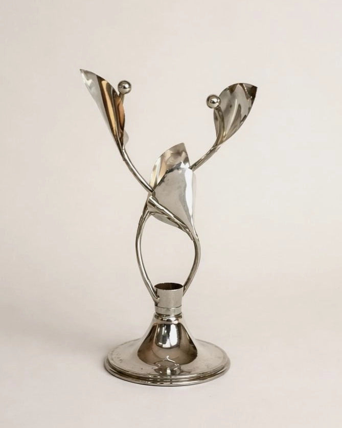 1980s French Vintage Chrome Floral Candlestick — detail view
