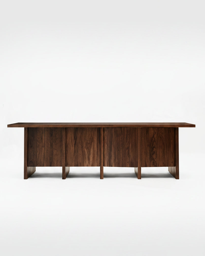 Edda Credenza — back view showing walnut wood finish and cabinet doors