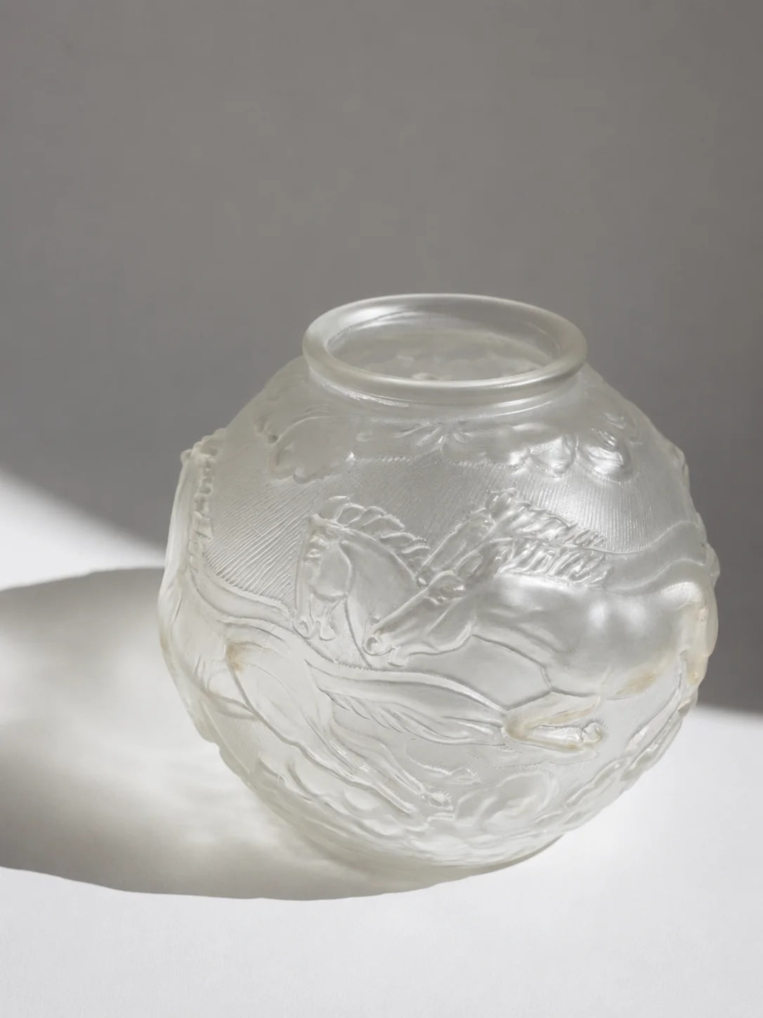 Pristine Art Deco "Galloping Horses" Frosted Glass Vase by Karl Zentner for Libochovice, c. 1930s by Trove Paris