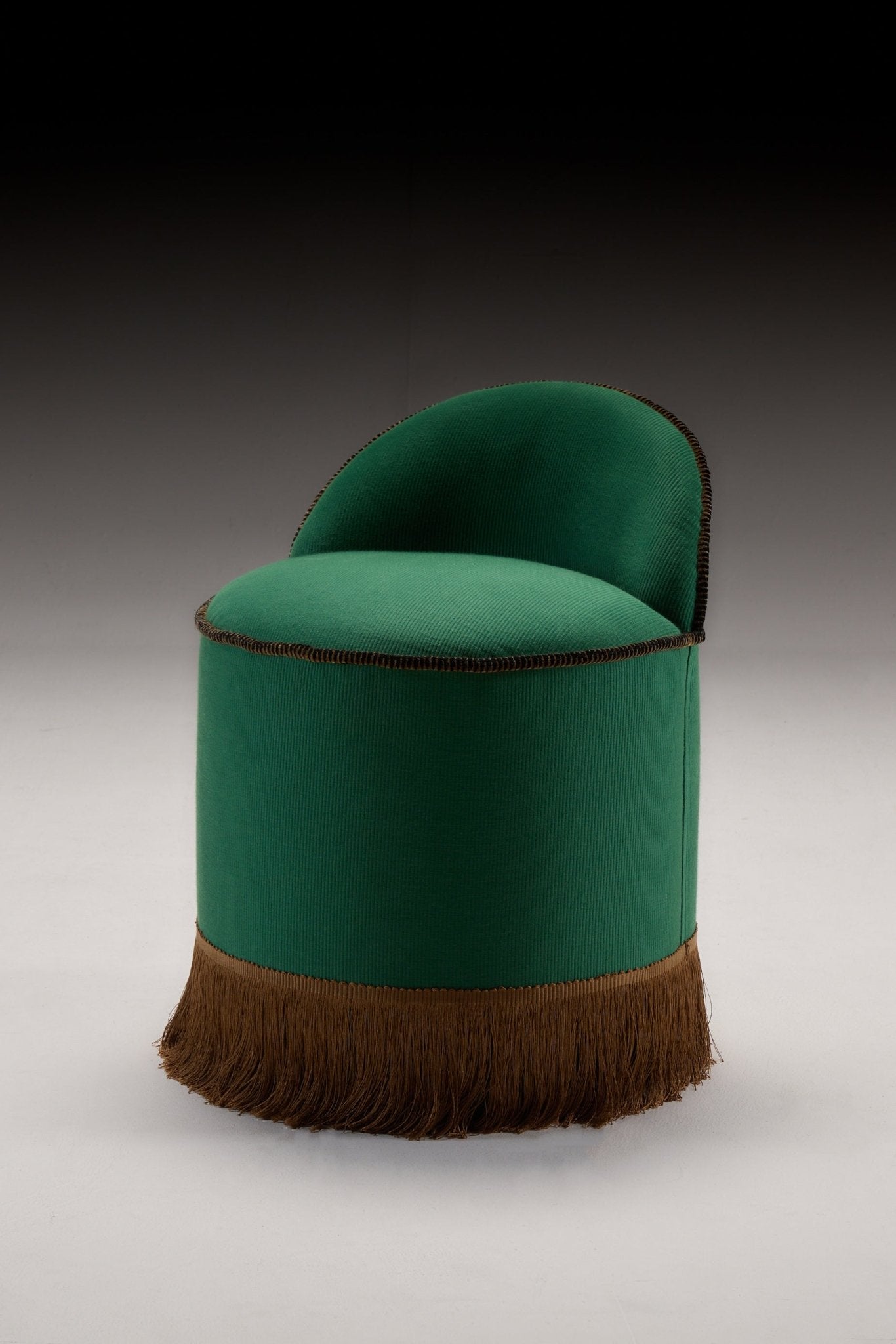 INFERI STOOL - CC'S REPP — front view of green upholstered stool with fringe