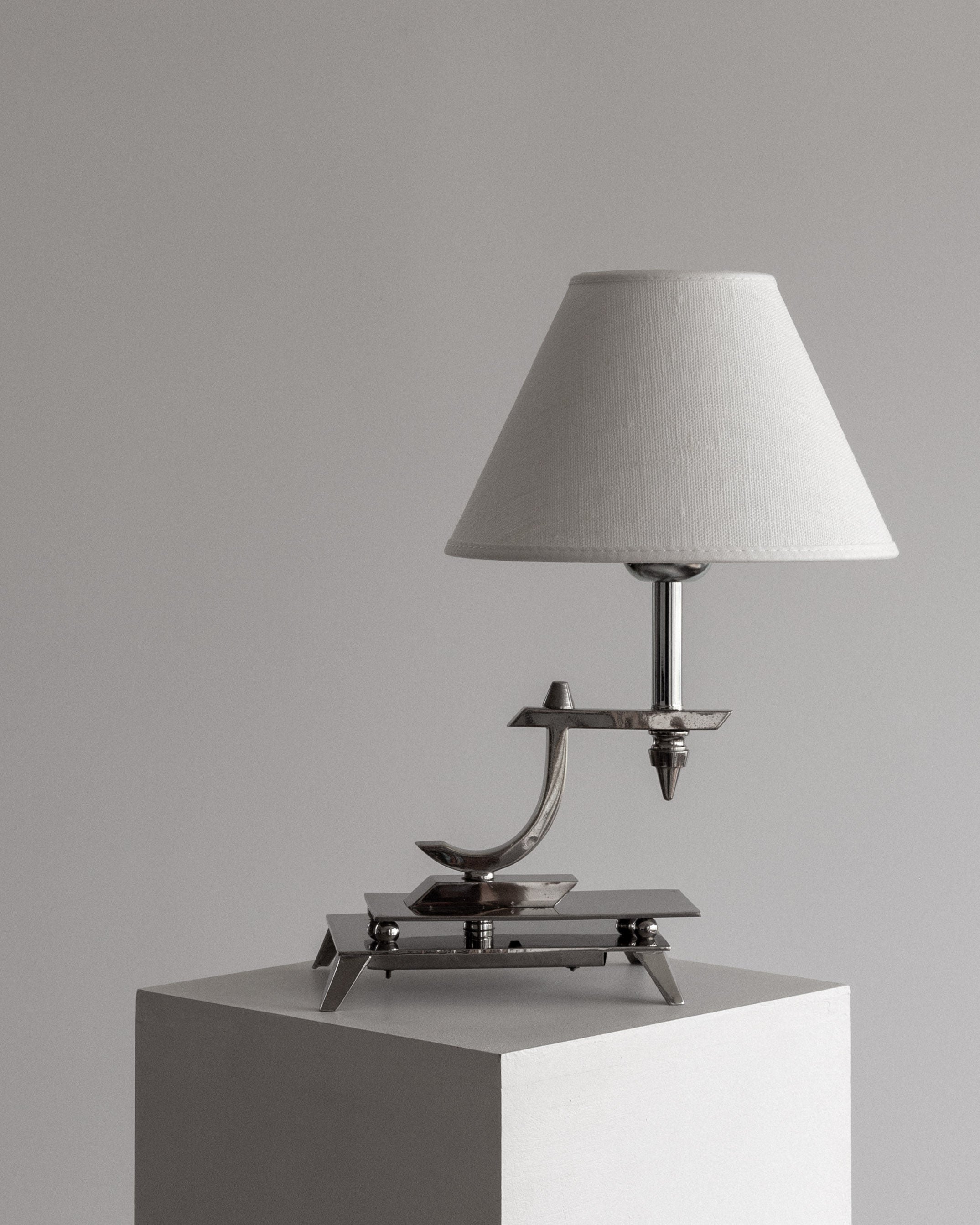 Sculptural Chrome Art Deco Table Lamp, 1930s by Spigel | The Oblist — chrome finish, fabric shade