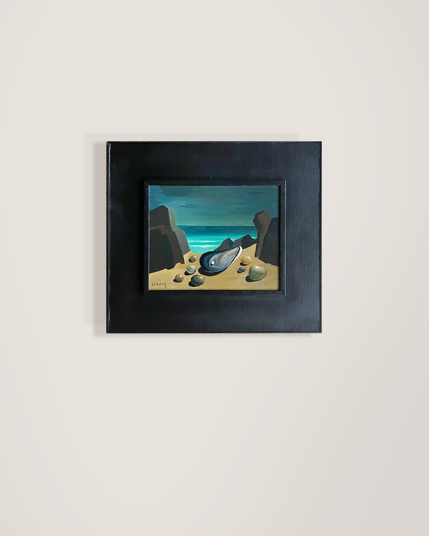 Coastal landscape painting with shell and scattered stones by Eric Cederberg