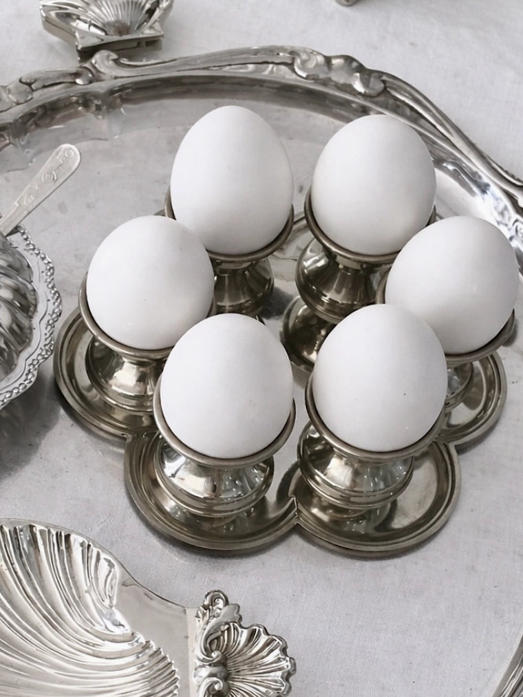 Vintage Stainless Steel Egg Cup Set with Serving Tray by Blisse | The Oblist