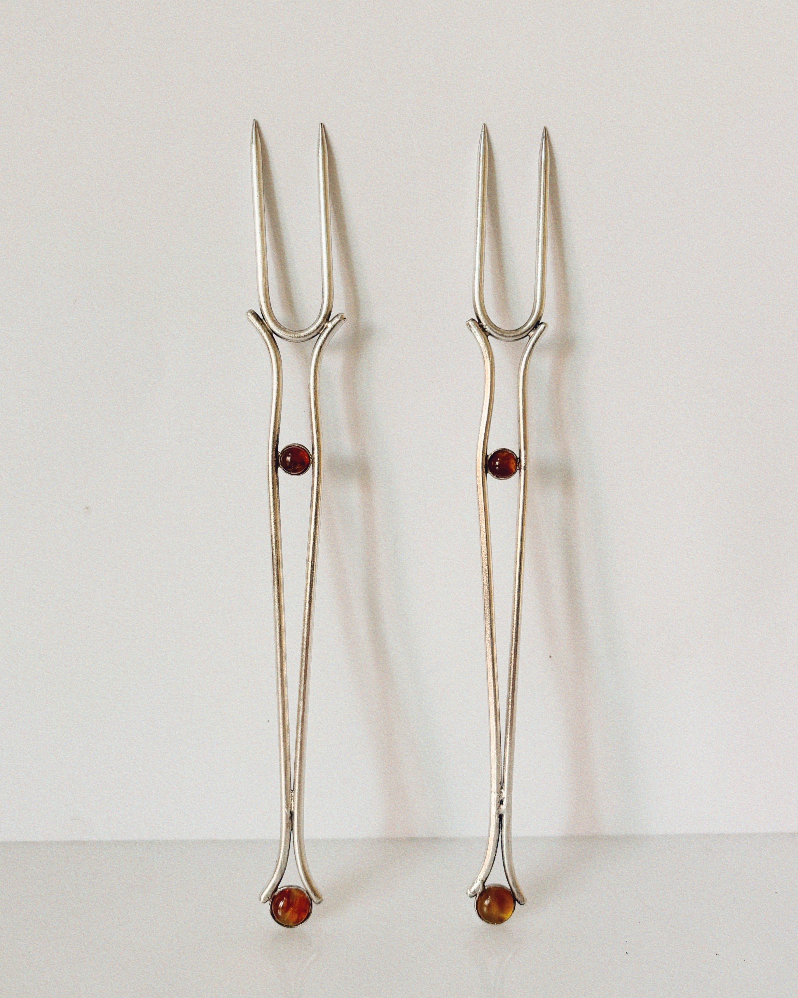 Silver Plated Serving Forks with Amber Inlay by Huerto | The Oblist — silver color, handcrafted design