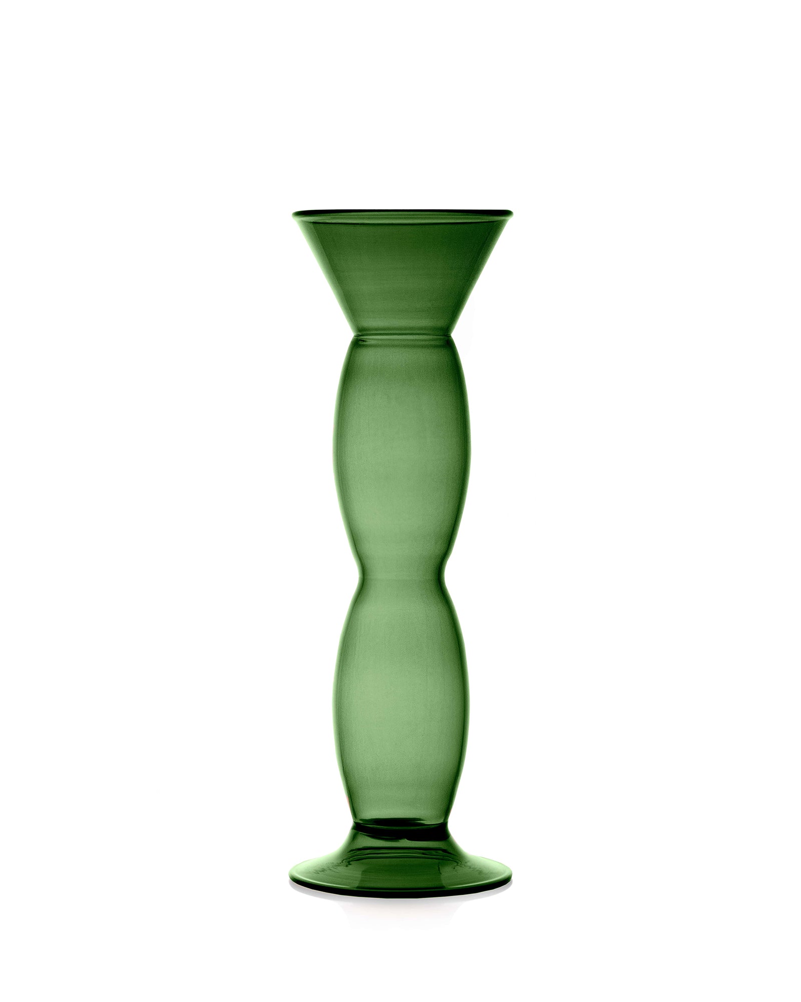 The La Maja Glass Vase by Agustina Bottoni features tall green borosilicate glass with a flared top, curvy stem, and wide round base, standing upright against a white background.