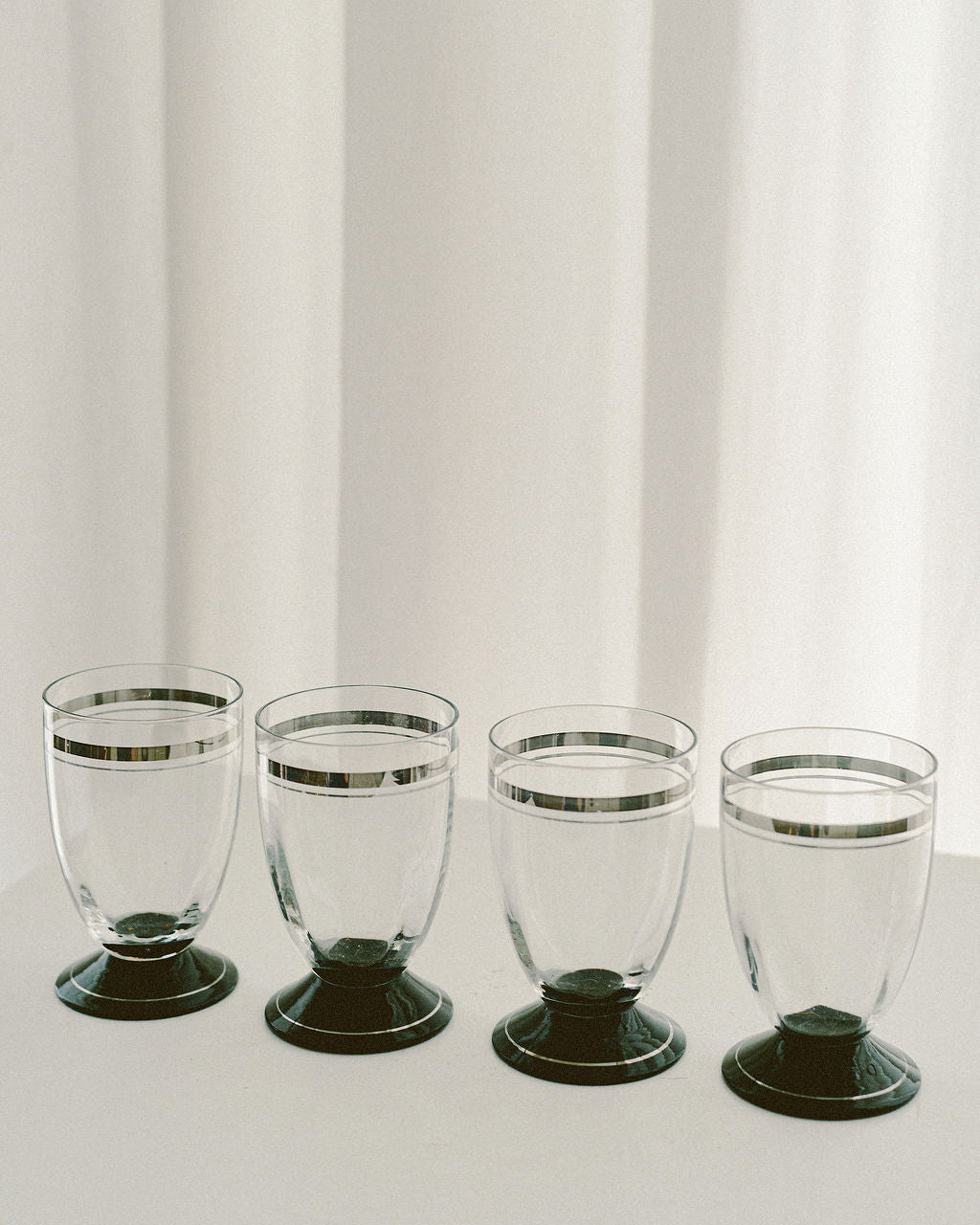 Vintage Art Deco Liqueur Glasses with Silver Bands by Arcā Collections | The Oblist — glass, silver bands