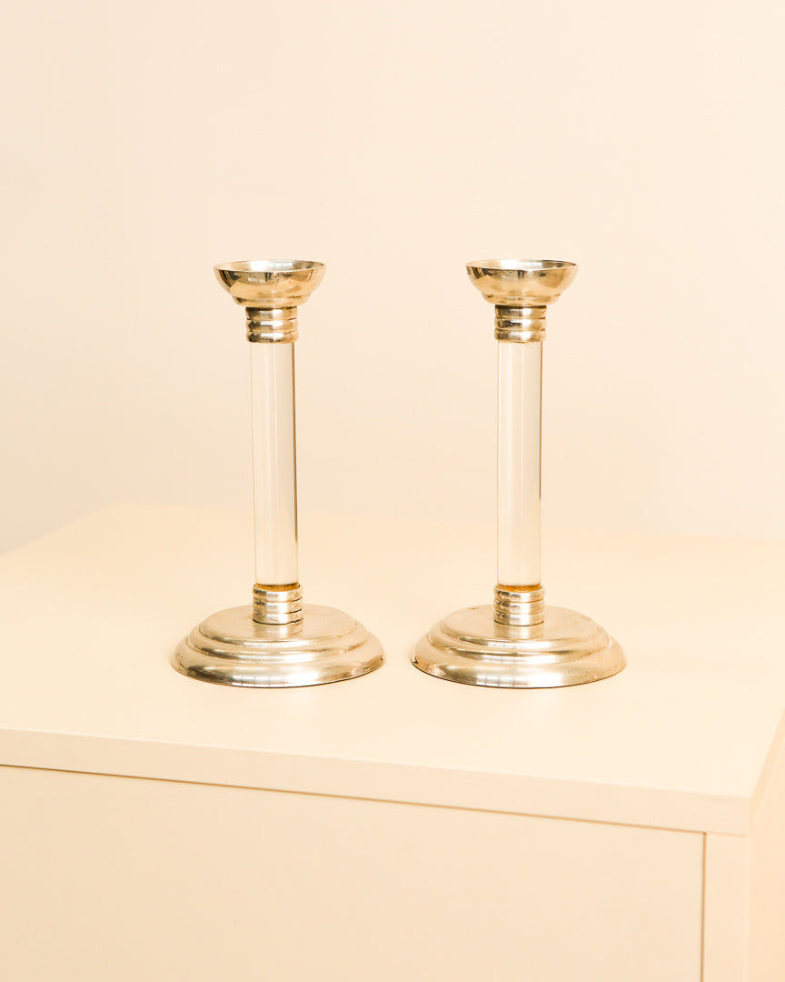 Pair of 70's Italian Silver and Lucite Candleholders