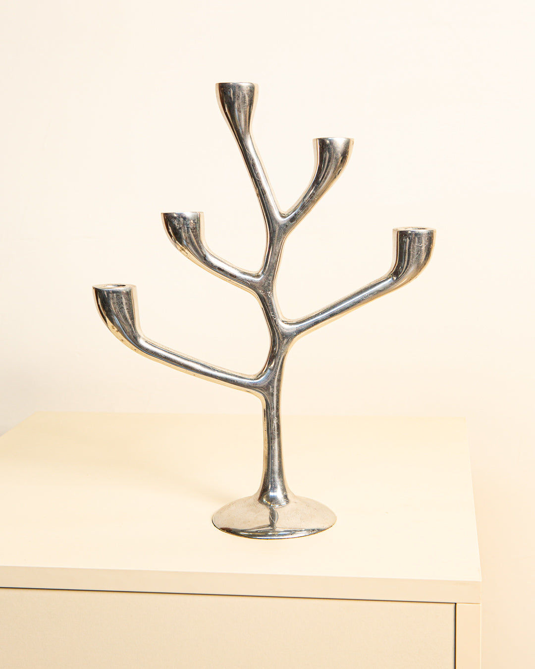 The Treaptyque "Arbre" Aluminum 80's candleholder, a symbol of Italian craftsmanship, boasts a modern tree-like branching design. Made from cast aluminum, it shines brightly with five elegantly poised branches to hold candles.