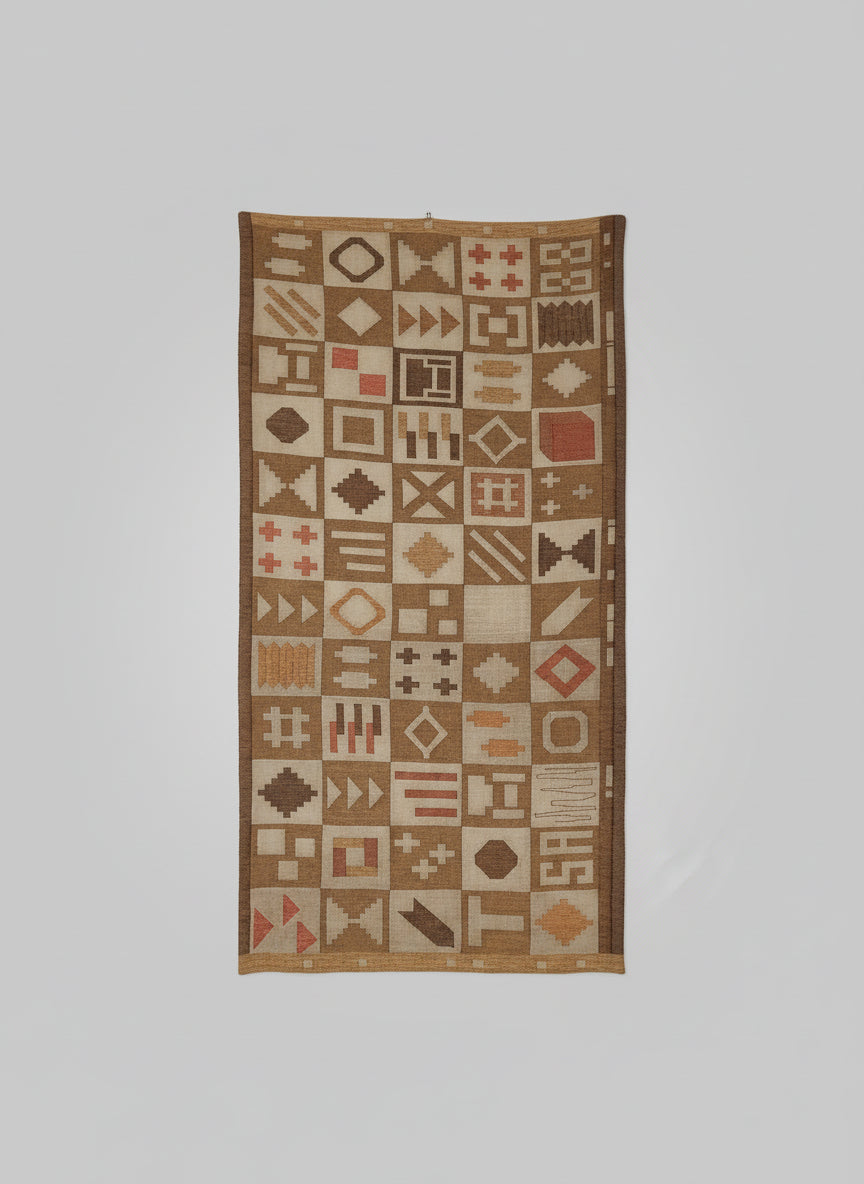 The Large Abstract Wool Wall Tapestry by Veter Vintage (Sweden, 1988) features a rectangular handwoven grid of geometric motifs in brown, beige, and muted red, set against a light gray background.