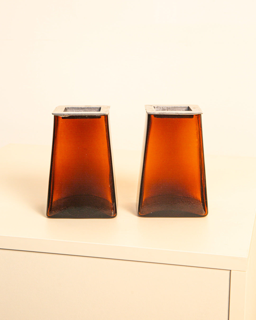 Pair of Italian Vases in Amber Glass and Metal 80's