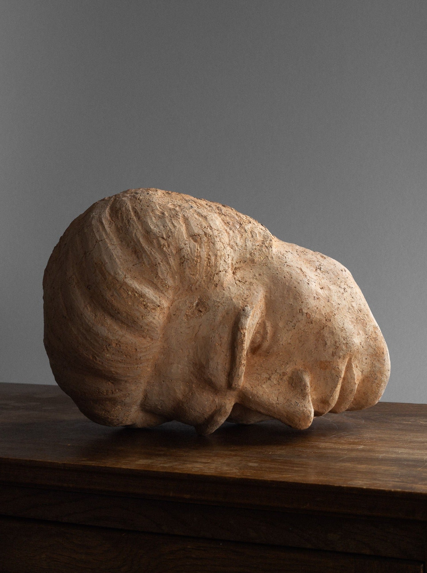 A striking Large Ceramic Portrait/Wall Sculpture from the 1930s by Spigel rests elegantly on a wooden surface against a plain grey background. The detailed carving showcases short hair and a prominent nose, reflecting the craftsmanship of ancient art and is imbued with vintage charm.