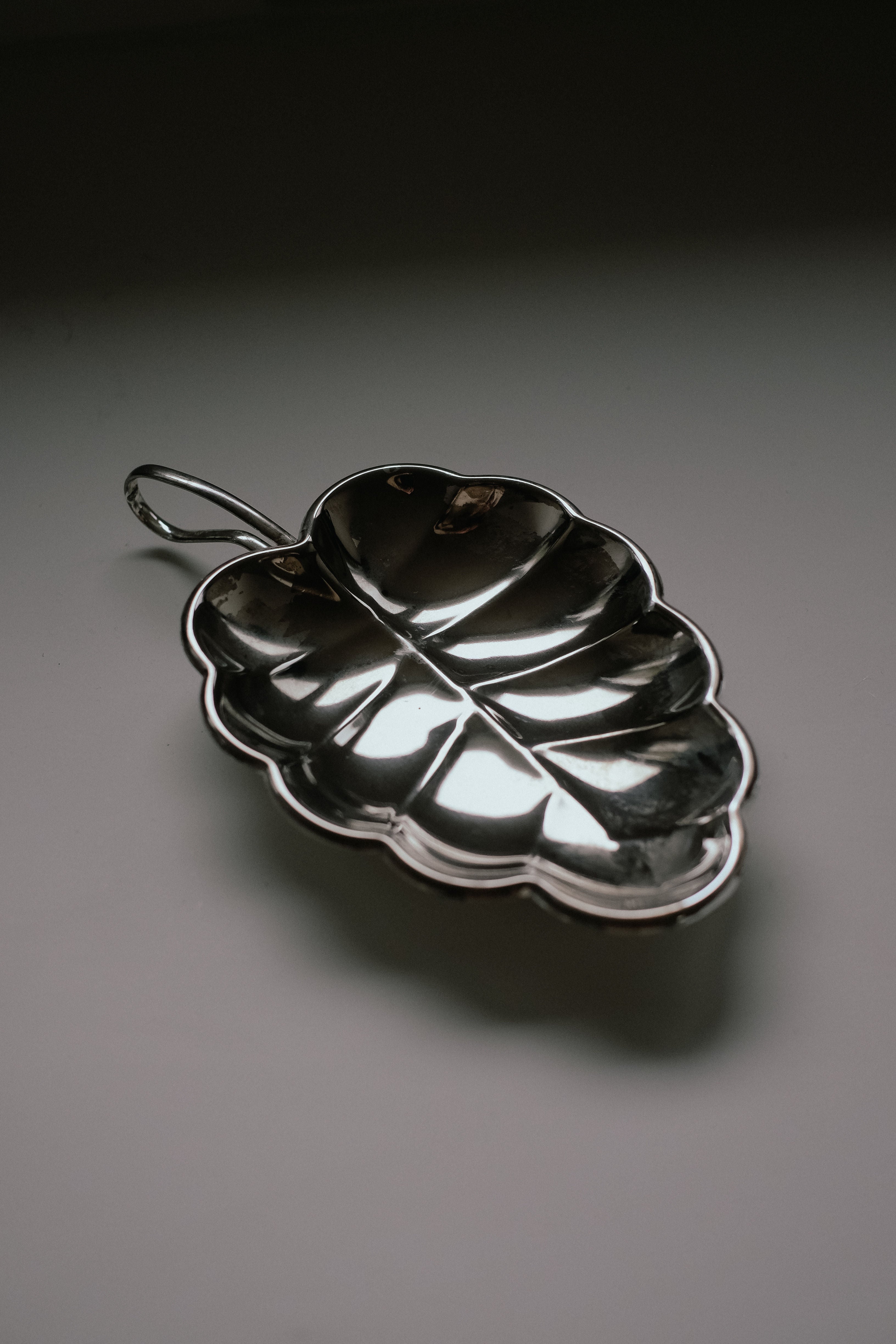 The Serving Dish Leaf by septembre studios boasts a vintage appeal with its detailed vein patterns and shiny finish. This silver leaf-shaped dish, complete with a handle, elegantly rests on any surface, reflecting light to highlight its intricate design and timeless allure.