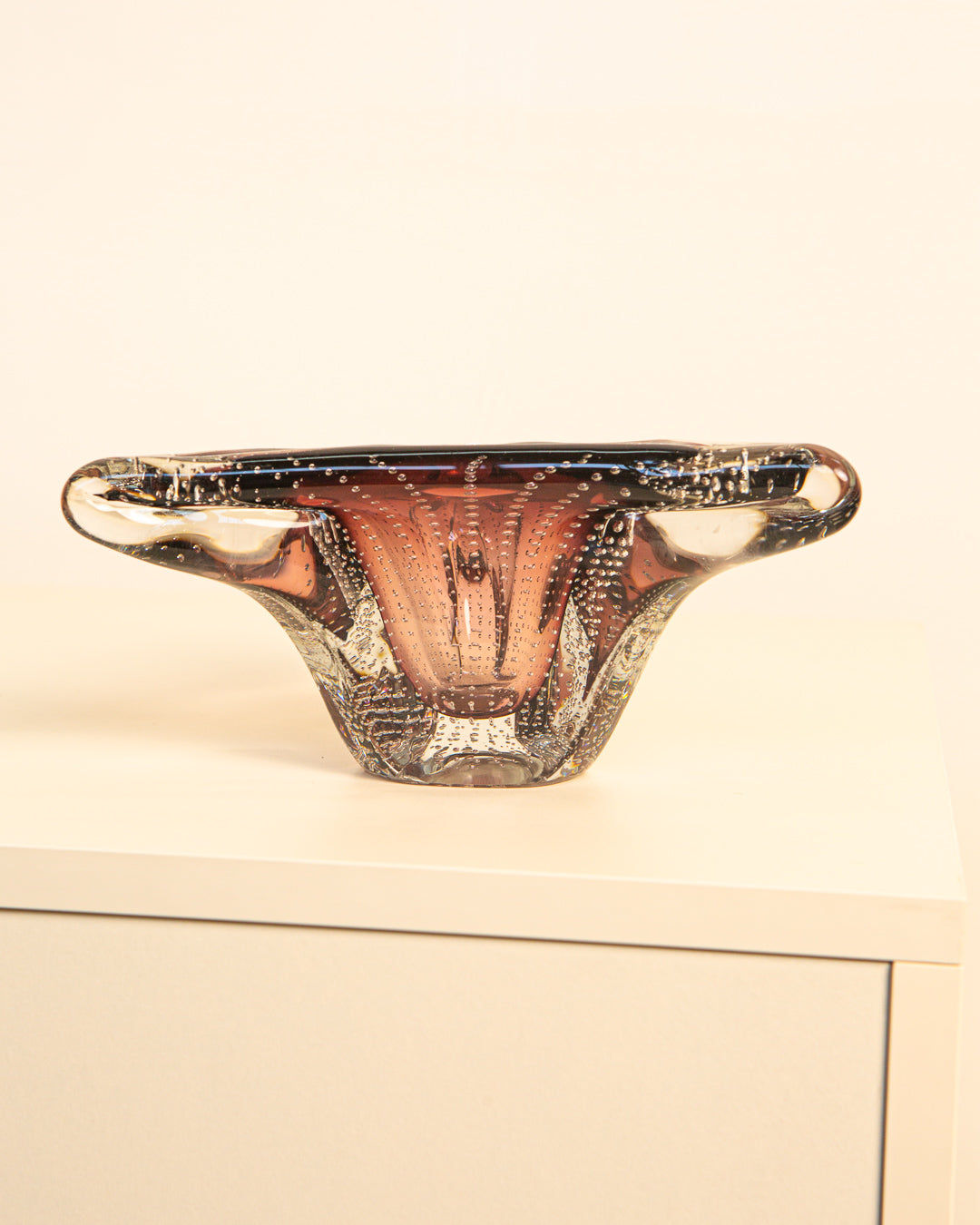 The Treaptyque Large Bubbled Murano Glass Tray 60s features two extended handles and a pink-to-clear gradient, crafted in vintage Italian style, and is displayed on a light surface against a plain background.