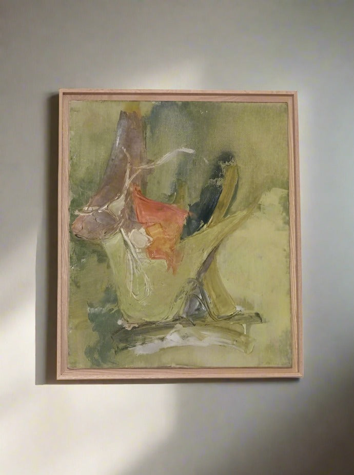 A framed abstract canvas is hung on an off-white wall. This acrylic painting features a mix of muted green and yellow shades with strokes of white, red, and dark colors, creating a textured and dynamic composition. Sunlight casts a soft shadow on the custom-made frame of "Acrylic on abstract canvas signed Shultz, 1959" from LA NOUVELLE GALERIE.