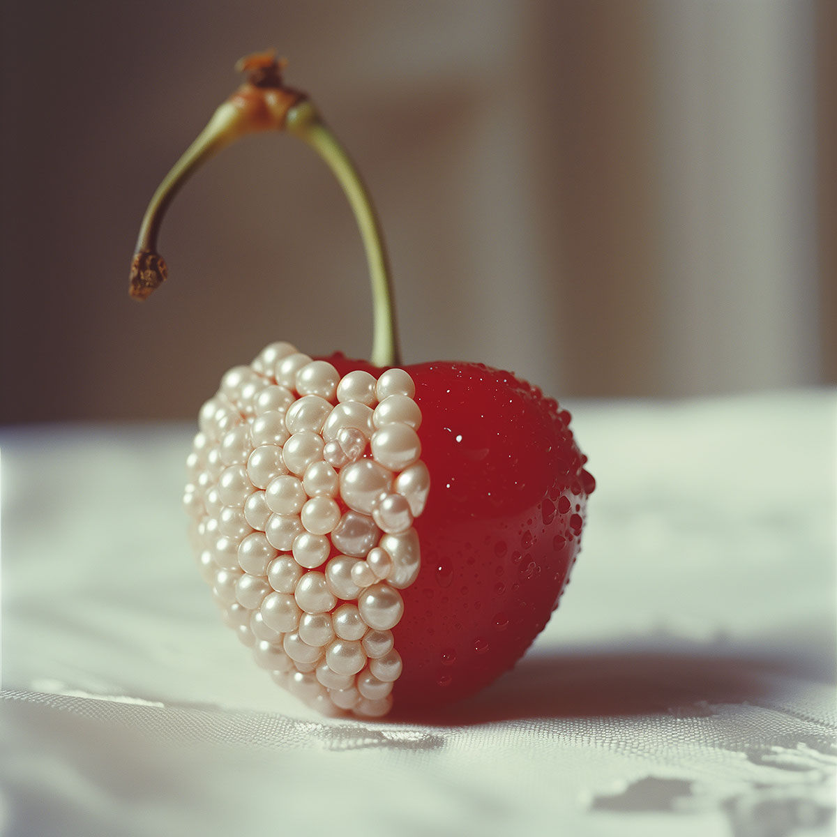 A close-up of a red cherry partially adorned with small white pearls, captured in a fine art print. The cherry's stem is intact, with water droplets glistening on its surface. The softly blurred background emphasizes the intricate details of "Cherry and Pearls" by Adeline Mai.
