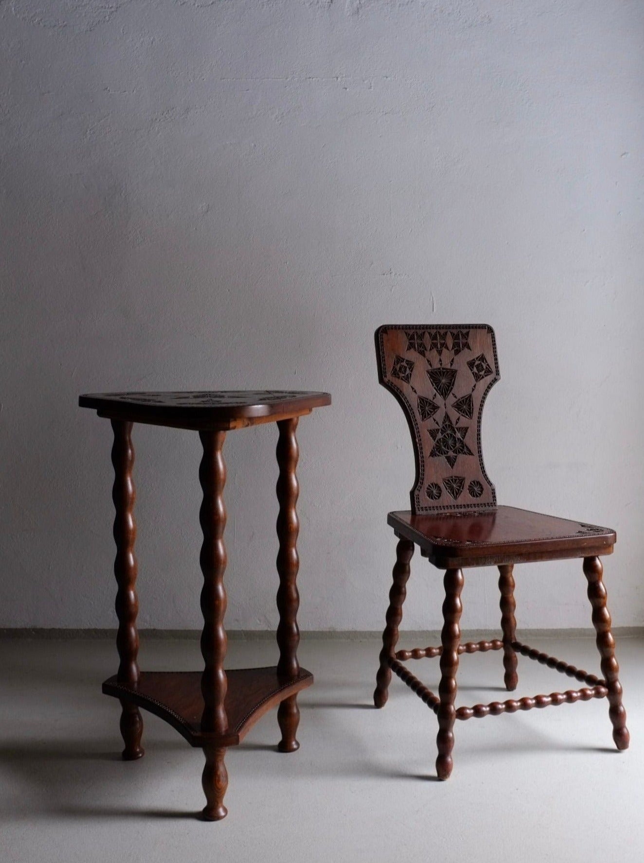 Carved wood chair and table set from 1960s Sweden
