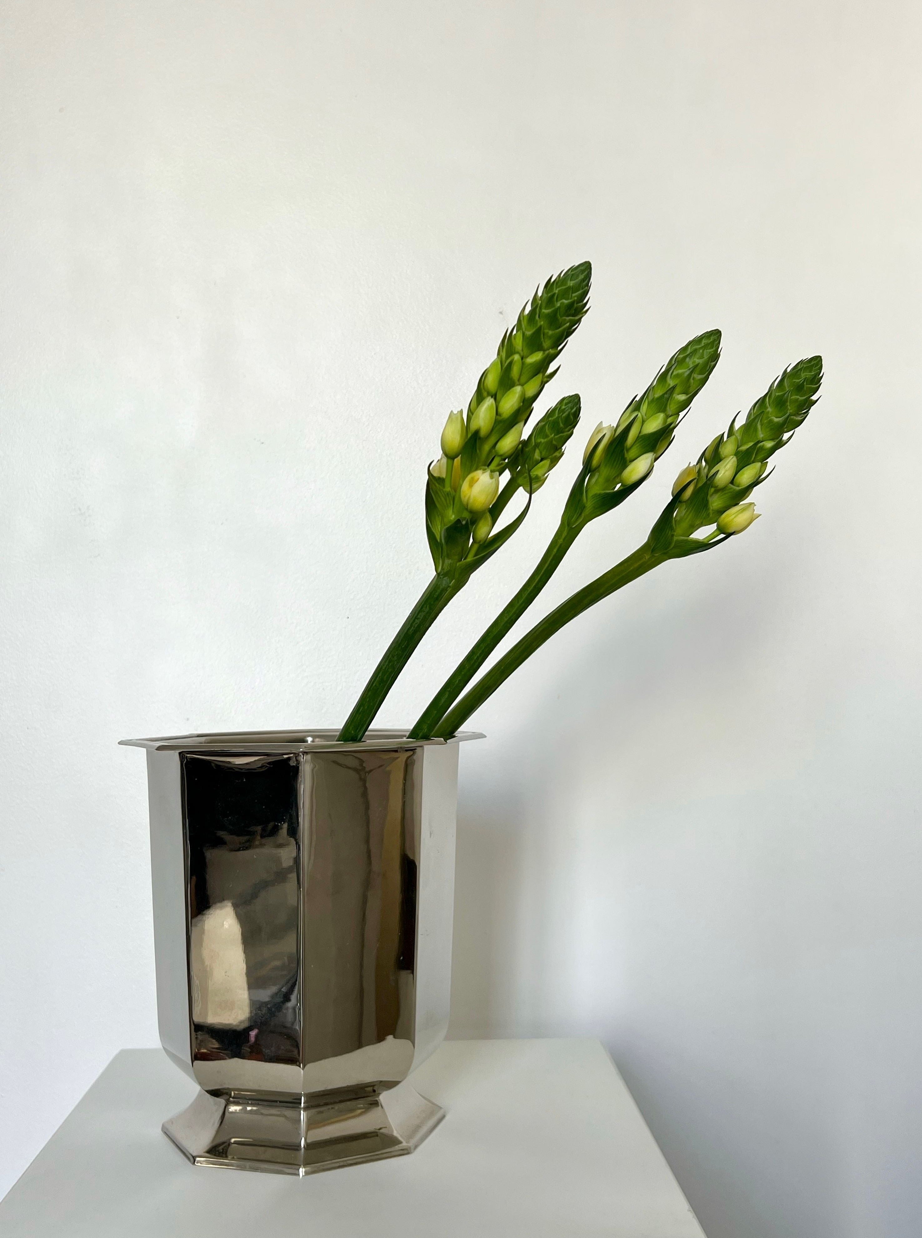 A large, silver metallic Heavy Silver Vase by Manushi holds three tall green flower stems with small, almost-blooming buds. The vase is placed on a white surface against a plain white background. The image has a minimalist and elegant aesthetic.