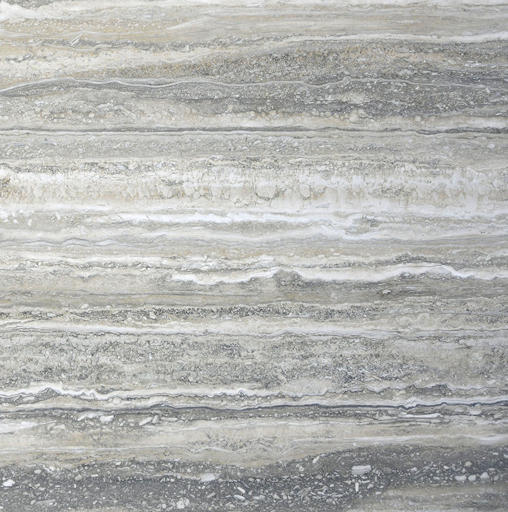The Firme Dining Table by FEBRERO SHOP features a stone surface with horizontal layers in shades of gray, beige, and white that resemble natural rock striations, creating an earthy look when paired with its lacquered wooden structure.