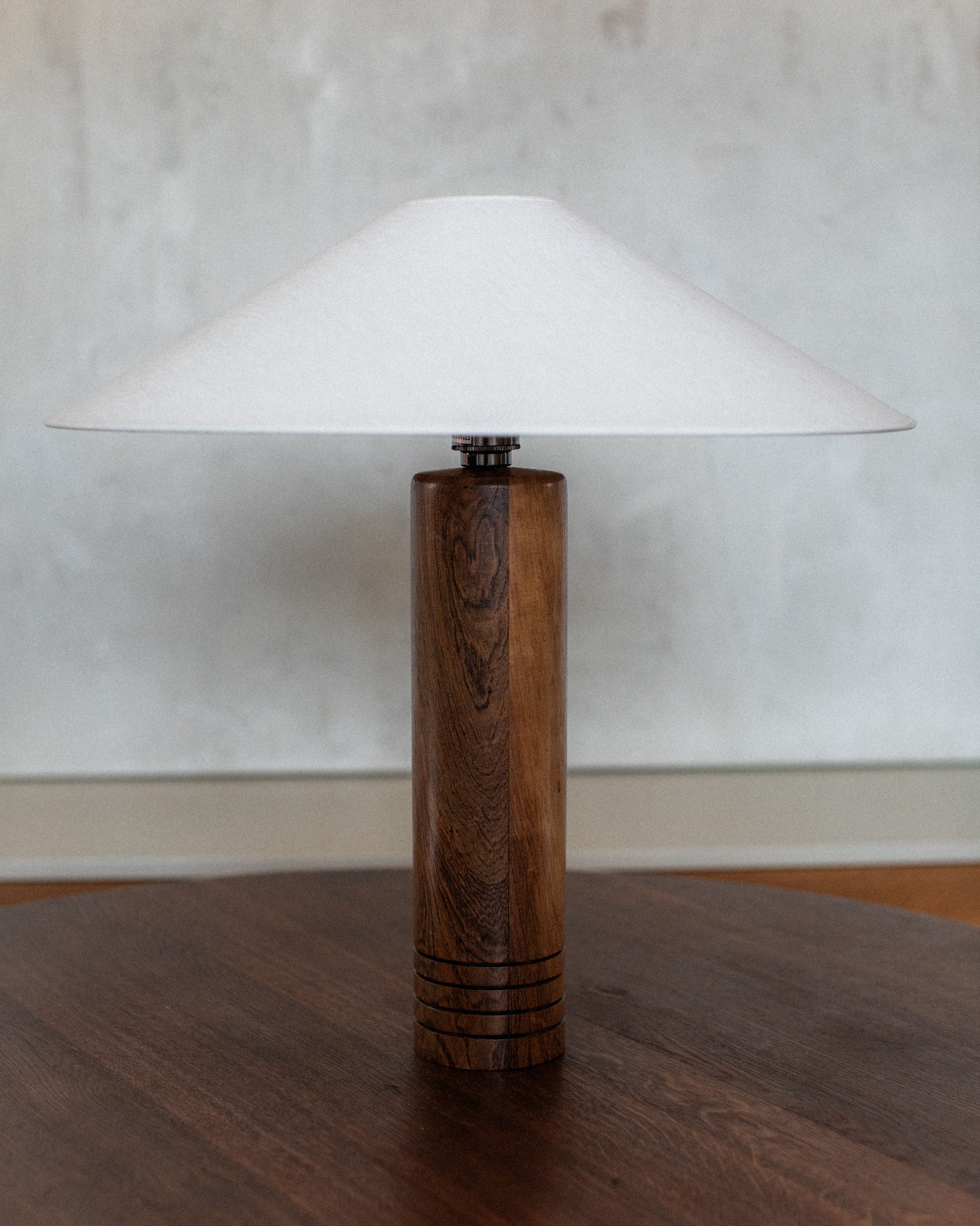 1960s walnut cylindrical table lamp with white fabric shade