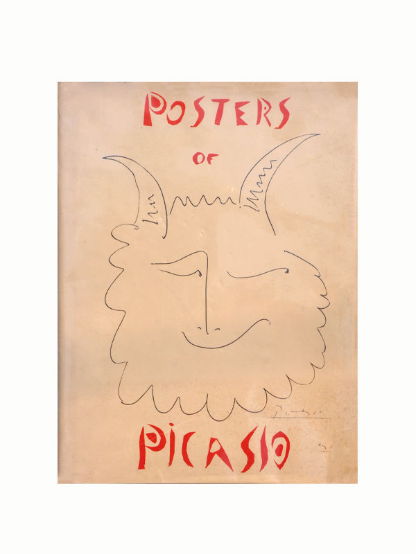 A rare first edition beige poster titled "The Posters of Picasso 1957" by Maison Plage, featuring a minimalist, surrealist line drawing of a smiling face with two horns. The playful red text has "Posters" at the top and "Picasso" at the bottom.