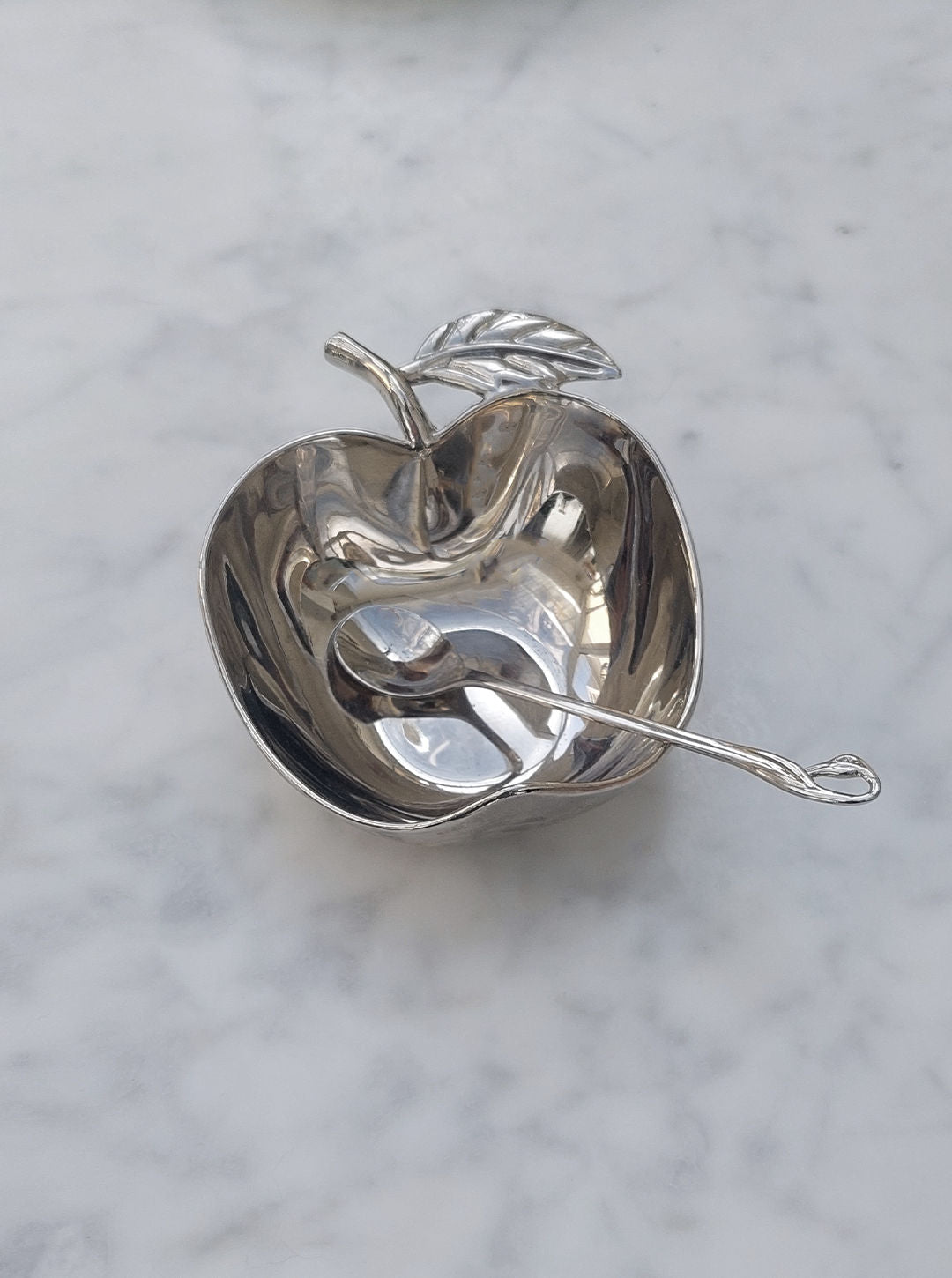 Handcrafted ceramic apple sugar bowl with green leaf lid and stem