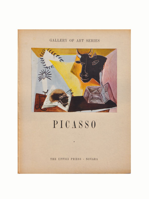 Cover of the book titled "Gallery of Art Series: Picasso (1954)," published by Maison Plage. This used (very good) softcover features one of Picasso's abstract cubist paintings with geometric shapes and a depiction of a bull. The colors used are primarily yellow, black, and white.