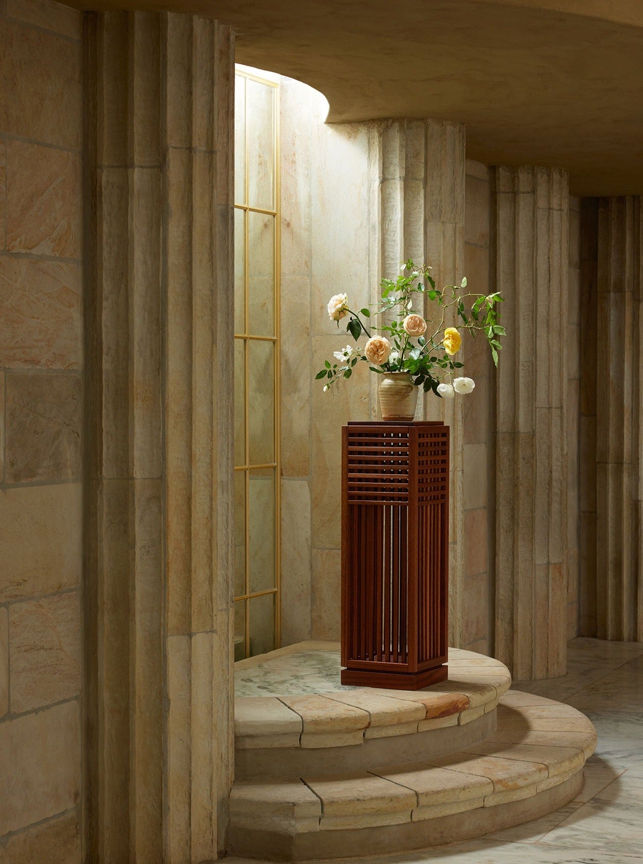 Riviera Plinth Medium in Oiled African Mahogany, front view, with sleek design and smooth finish