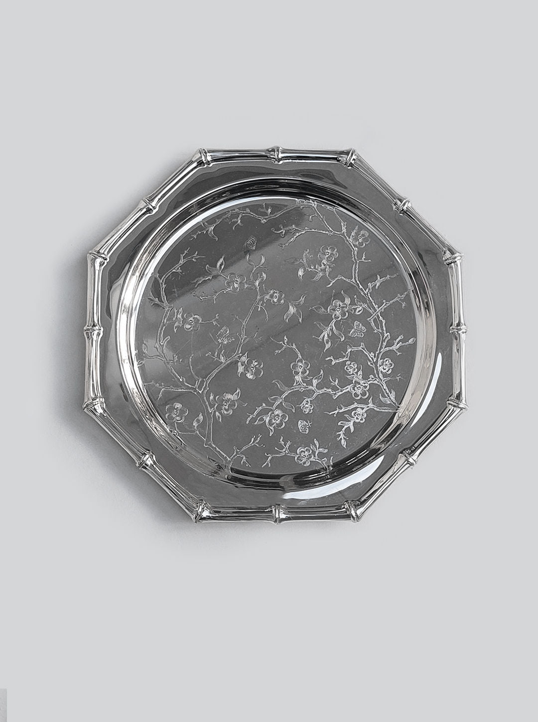 Handcrafted silver plated bamboo tray with intricate detailing and elegant design
