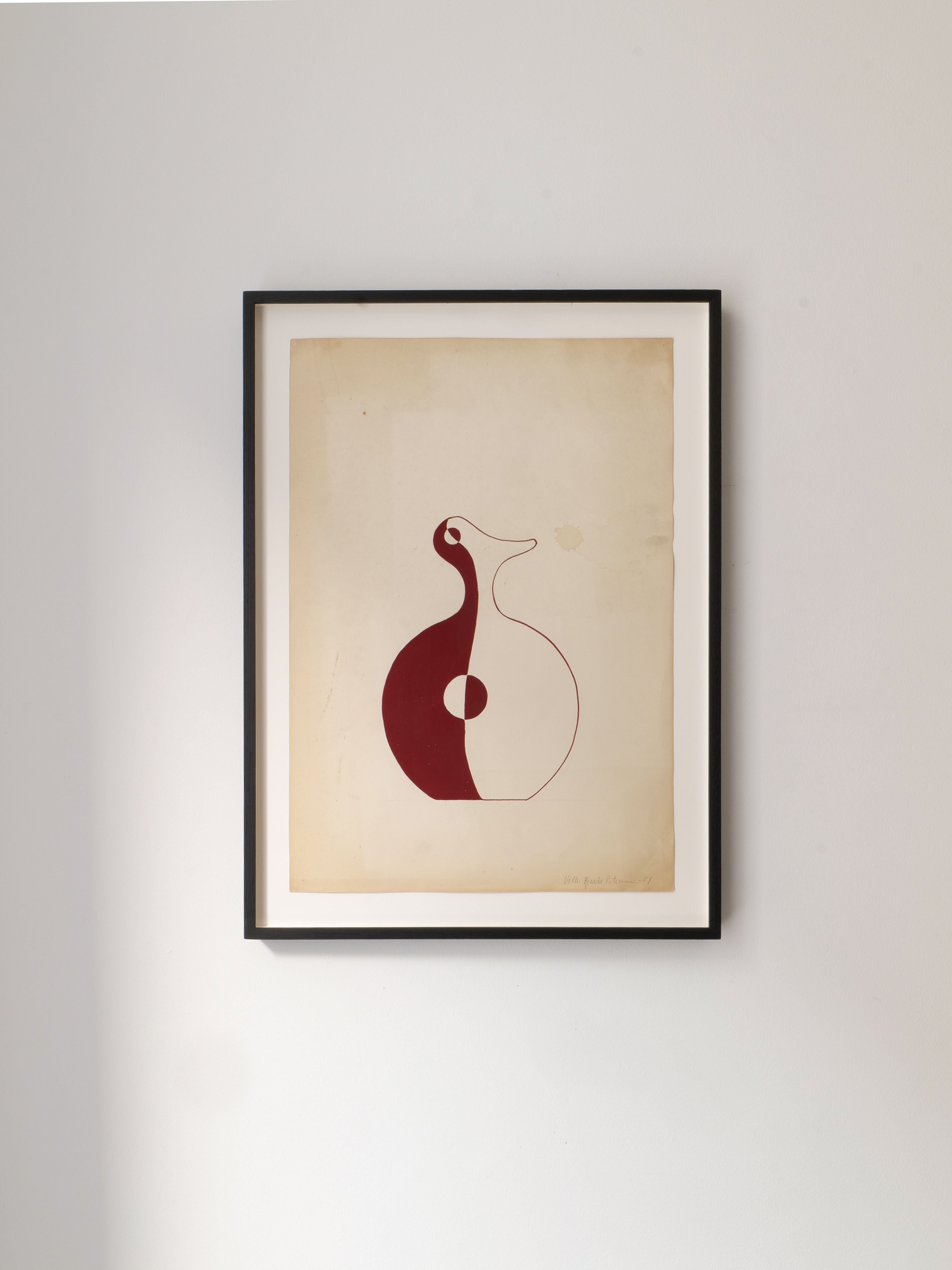 A 'Red Vase' painting from 1951 by Collection apart adorns the white wall, showcasing an abstract bird-like figure in red and white. Simple, curved lines and shapes exude the enigmatic charm typical of a Danish Surrealist's vision.