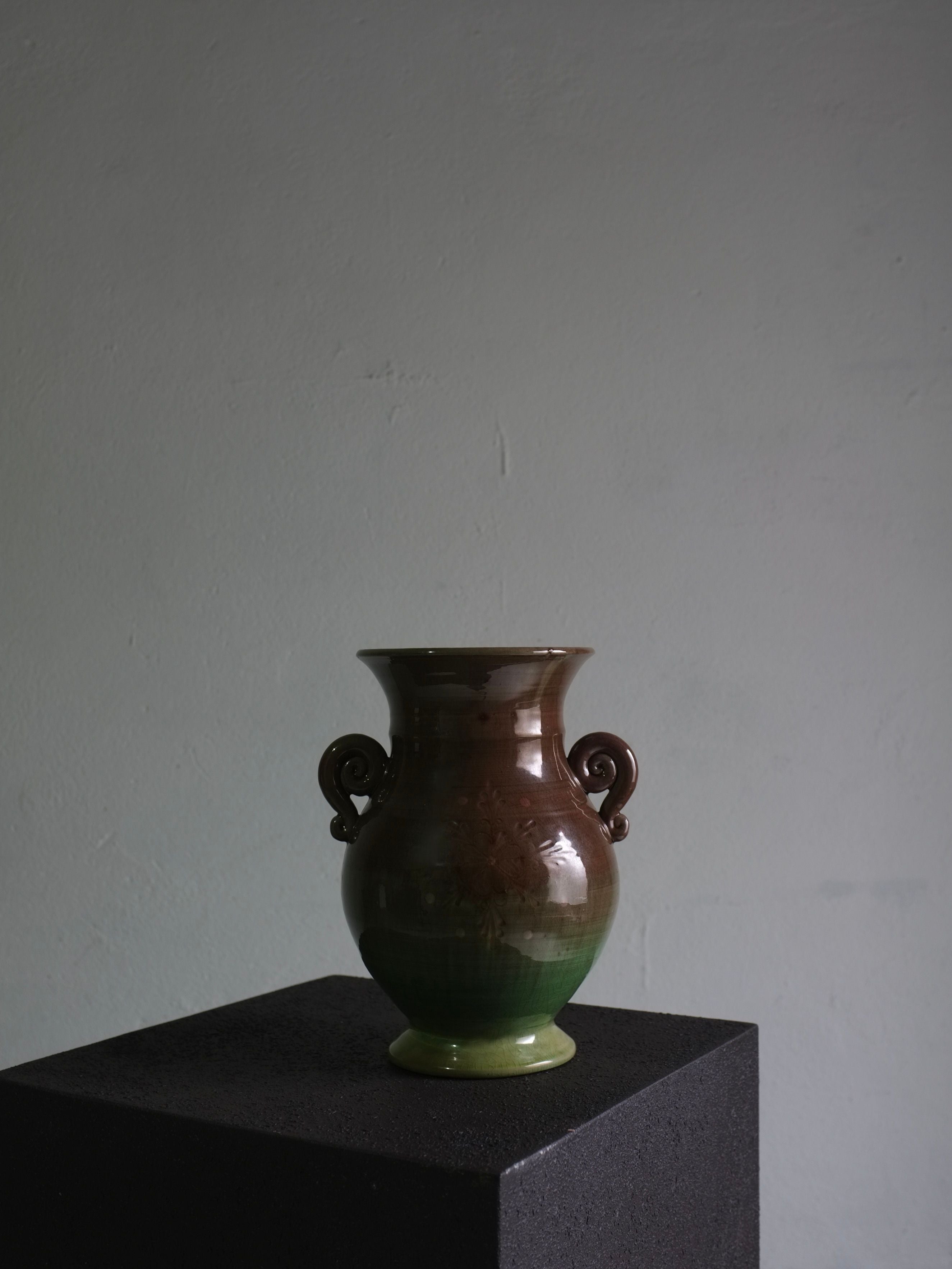 Large Green Ceramic Vase, Latvia, 1960s by Veter Vintage | The Oblist — handcrafted ceramic, green and brown