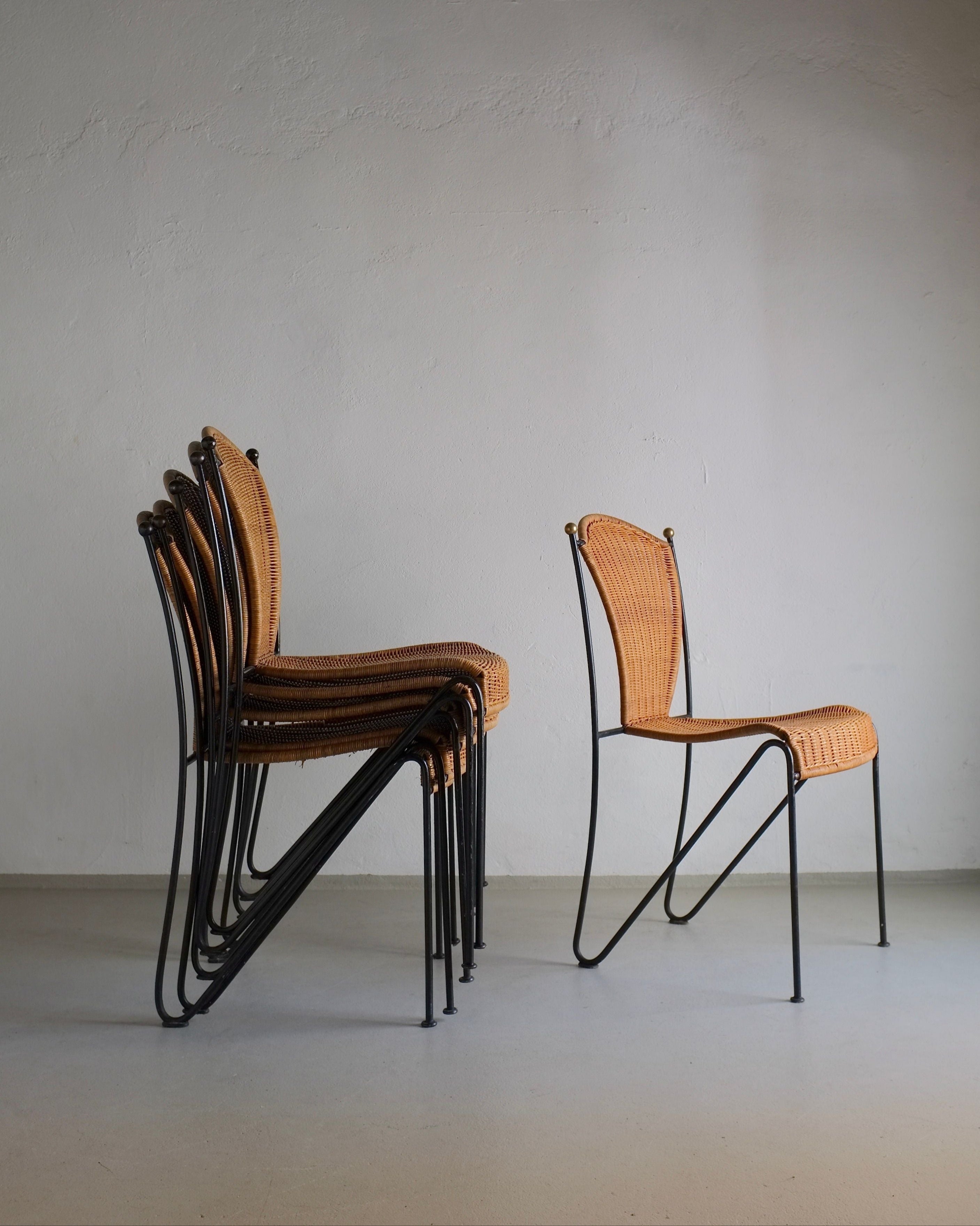 6 Frederick Weinberg Wicker Iron Chairs, 1960s