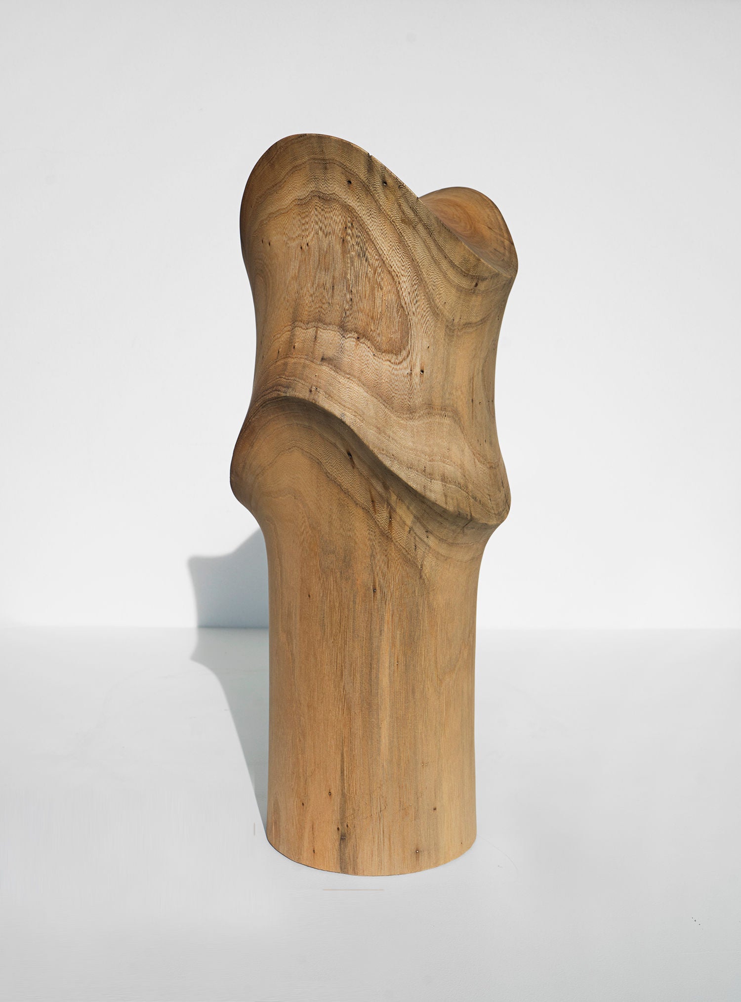 The "Sculpture from Wood Washed Out by the Sea" by Touch With Eyes stands upright against a white background, casting a subtle shadow to the left. This handcrafted piece captivates with its smooth, abstract design, soft curves, and natural wood grain, exuding organic elegance.