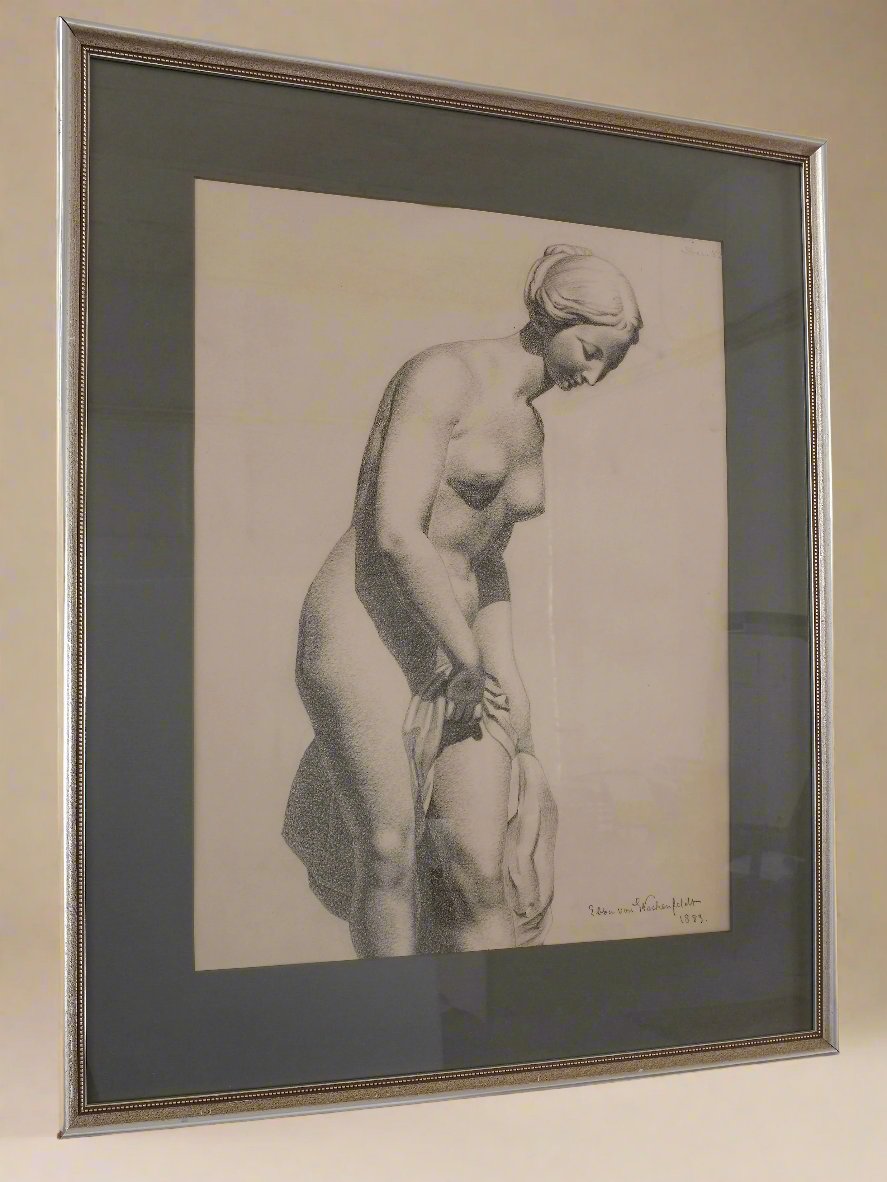 The product is a framed sketch titled "Ebba Von Wachenfeldt Charcoal Drawing 1883" by Veter Vintage, featuring a nude woman standing, looking down, and holding a draped cloth. This antique drawing is matted with a gray border and signed by the 19th-century Swedish artist in 1933.