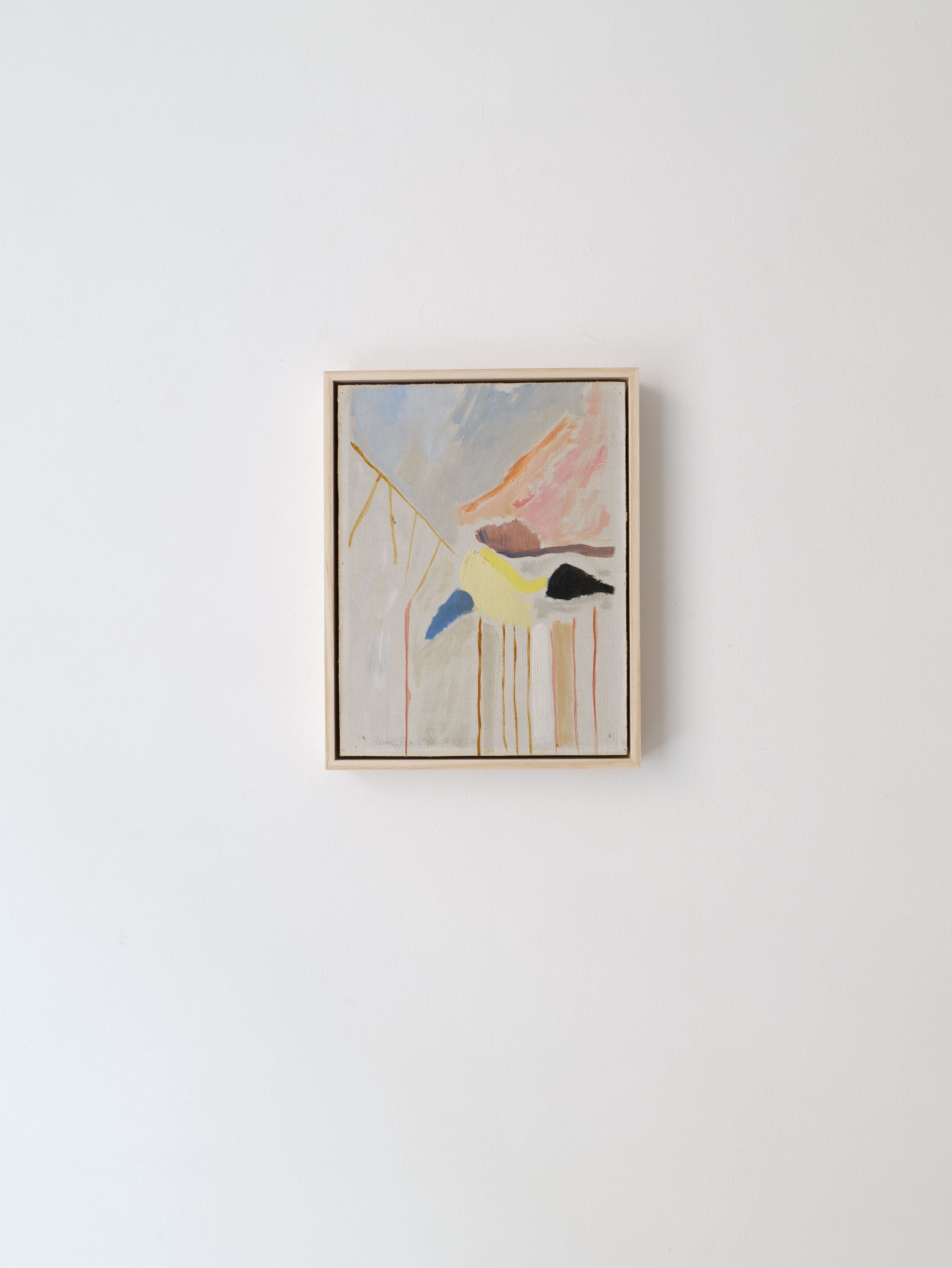 A painting by Swedish painter Rune Jansson, depicting a bird in flight with abstract multicolored brush strokes, hangs centrally on a plain white wall. The Collection apart Composition Rune Jansson, Sweden, 1951.