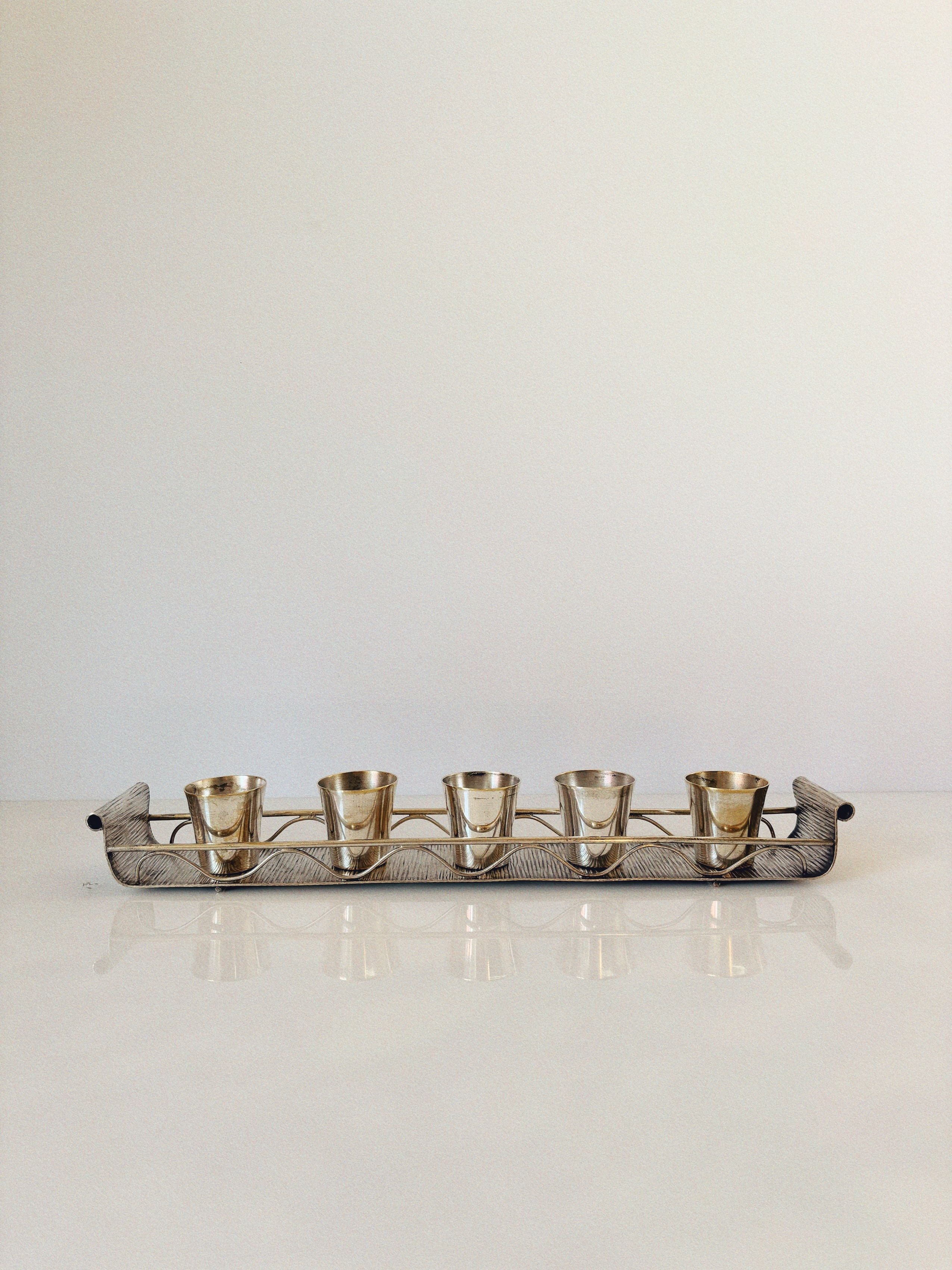 60s brass liquor server set with five glasses on metal tray