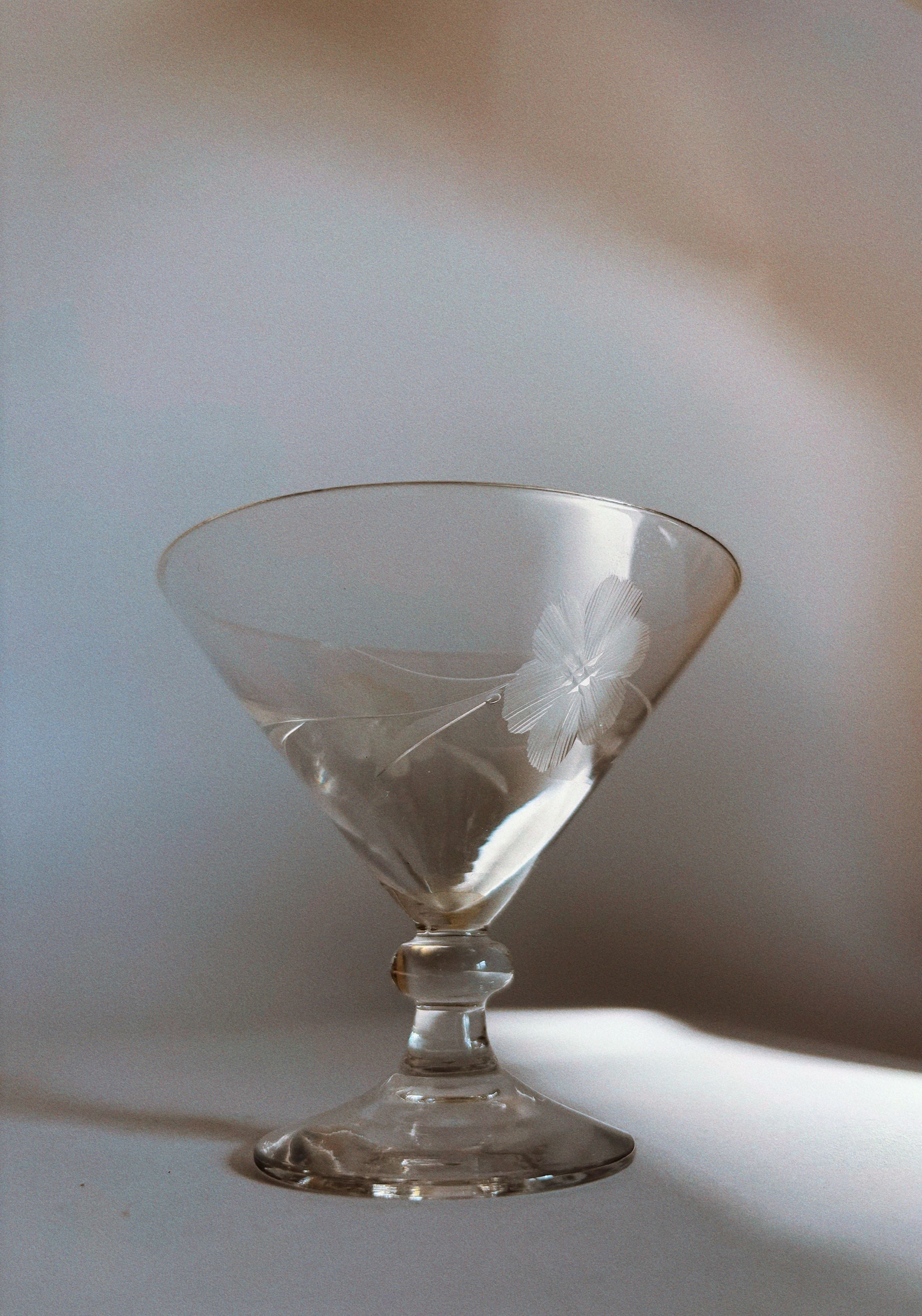 Clear glass martini coupe with delicate floral etching from set