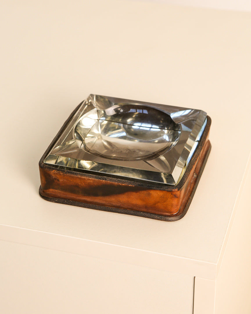Italian Ashtray in Crystal and Leather 60's